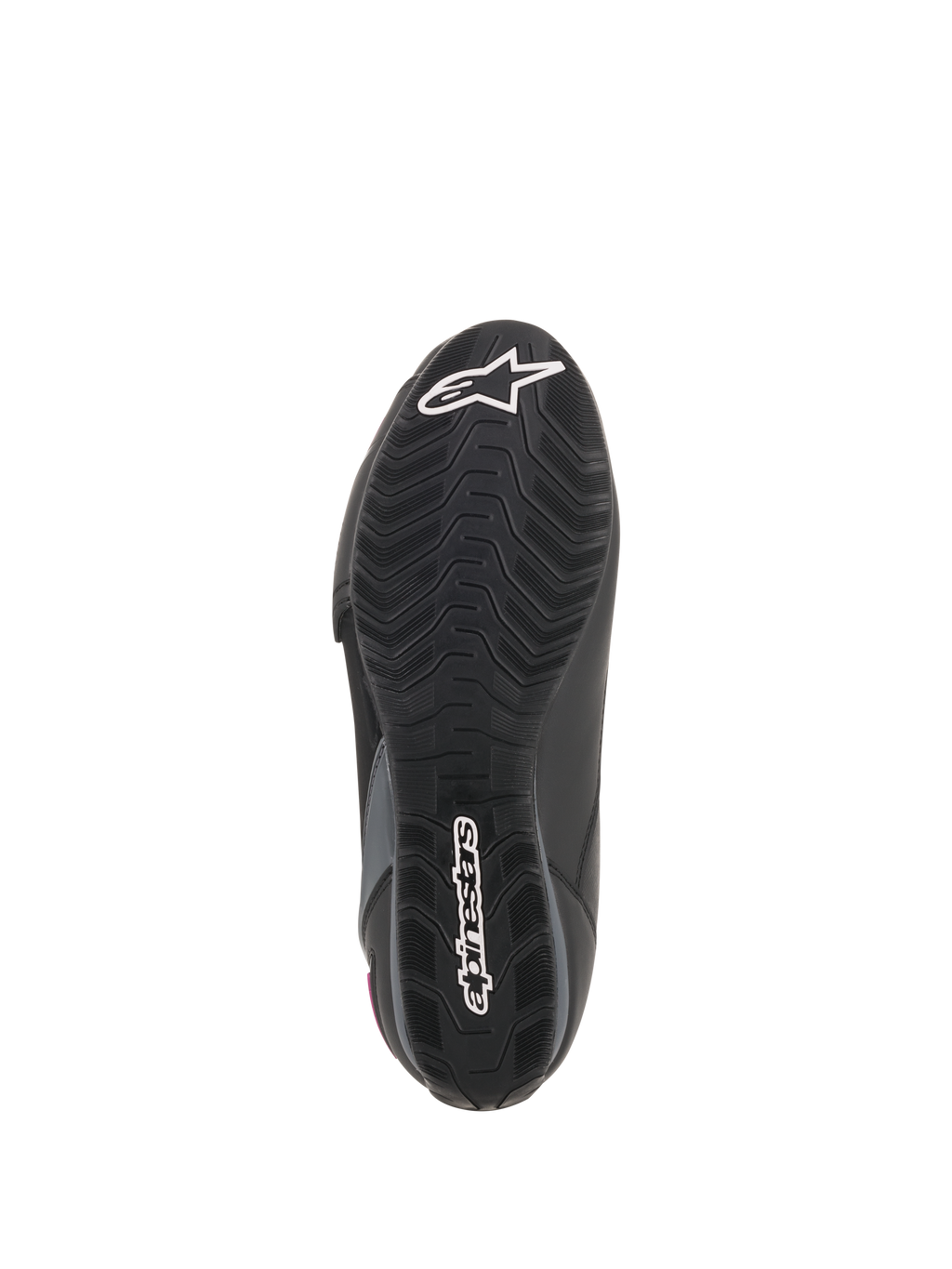 Chaussures Stella Faster-3 Drystar® Alpinestars pour femme, vue de la semelle, semelle extérieure en caoutchouc noir avec motif d'adhérence texturé, logo étoile et lettrage Alpinestars blancs, construction de chaussure de moto durable