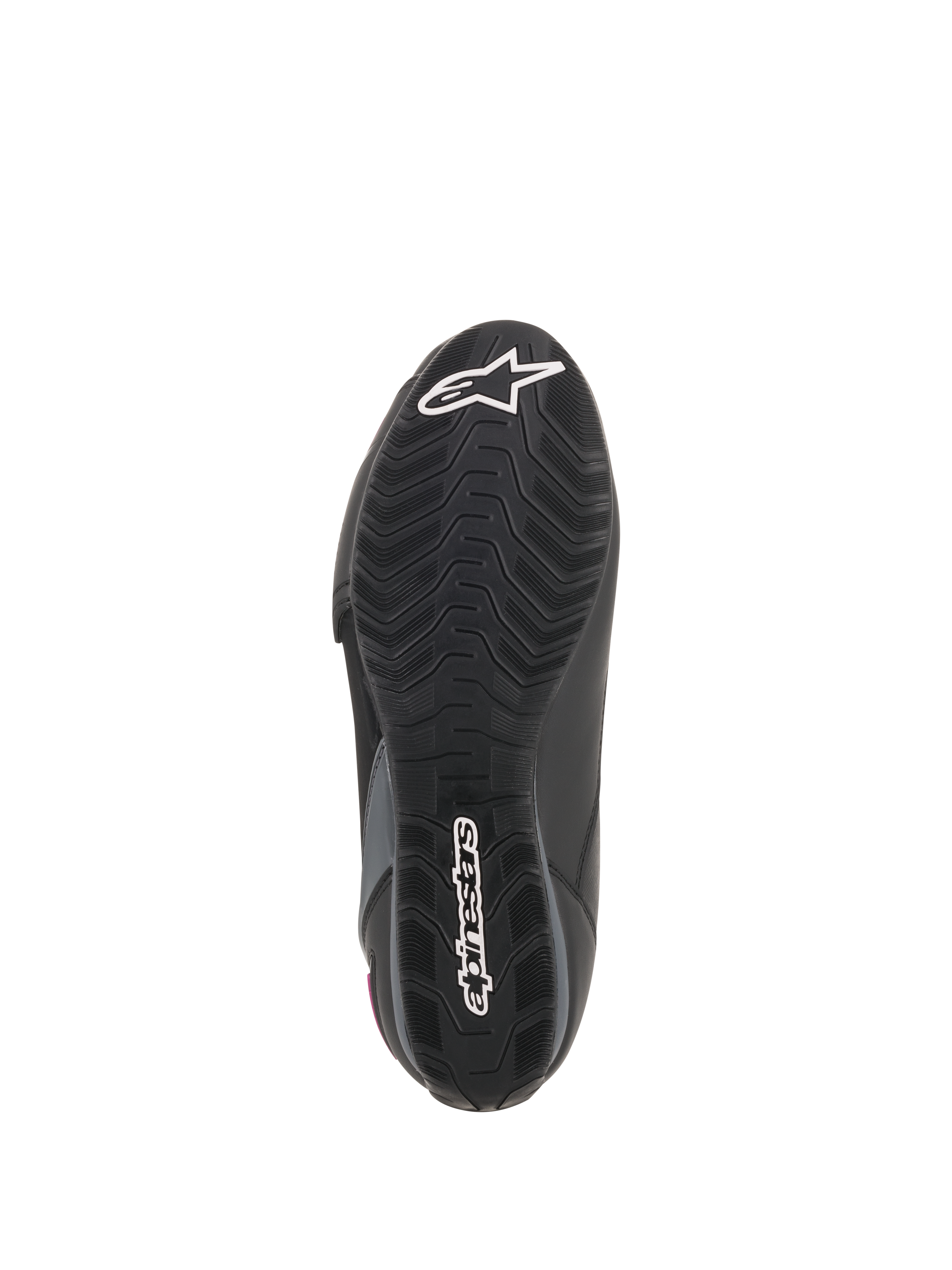 Chaussures Stella Faster-3 Drystar® Alpinestars pour femme, vue de la semelle, semelle extérieure en caoutchouc noir avec motif d'adhérence texturé, logo étoile et lettrage Alpinestars blancs, construction de chaussure de moto durable