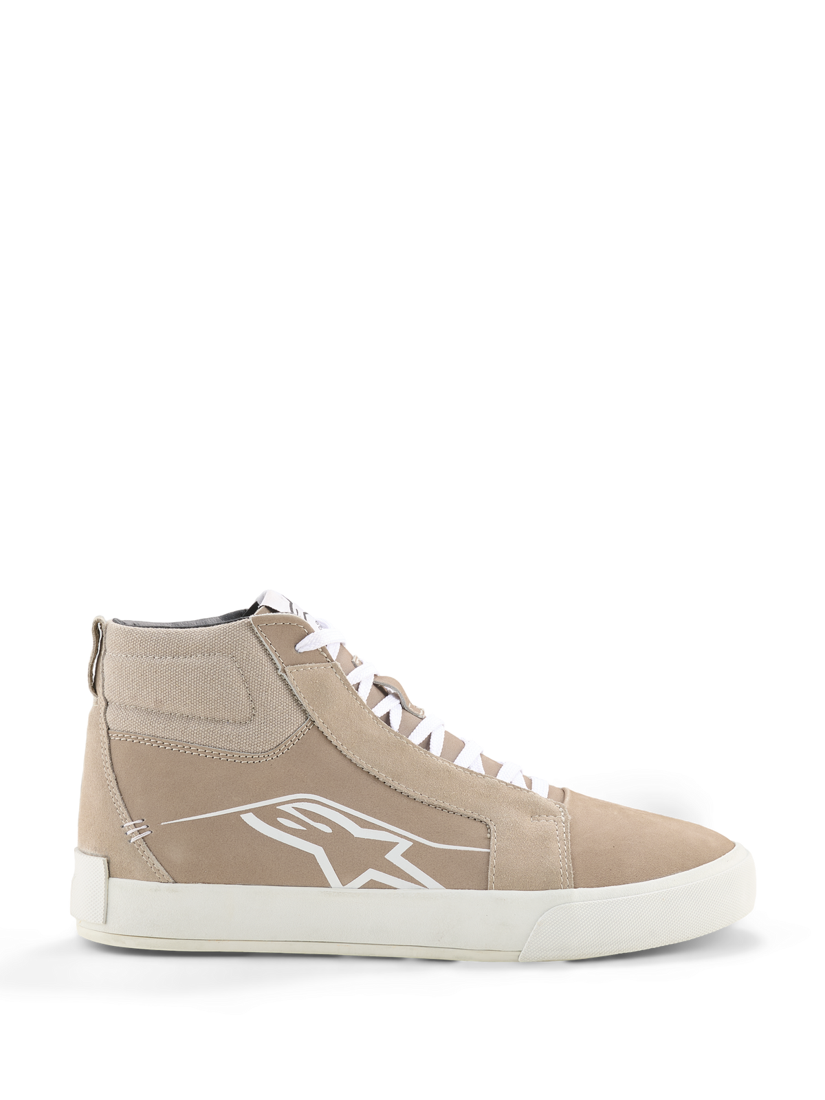 Chaussures en cuir Alpinestars Ride-63, chaussures de moto urbaines, sable et blanc, silhouette montante style urbain avec empiècements en daim, lacets blancs, logo Astars blanc sur le côté et semelle en caoutchouc vulcanisé blanc