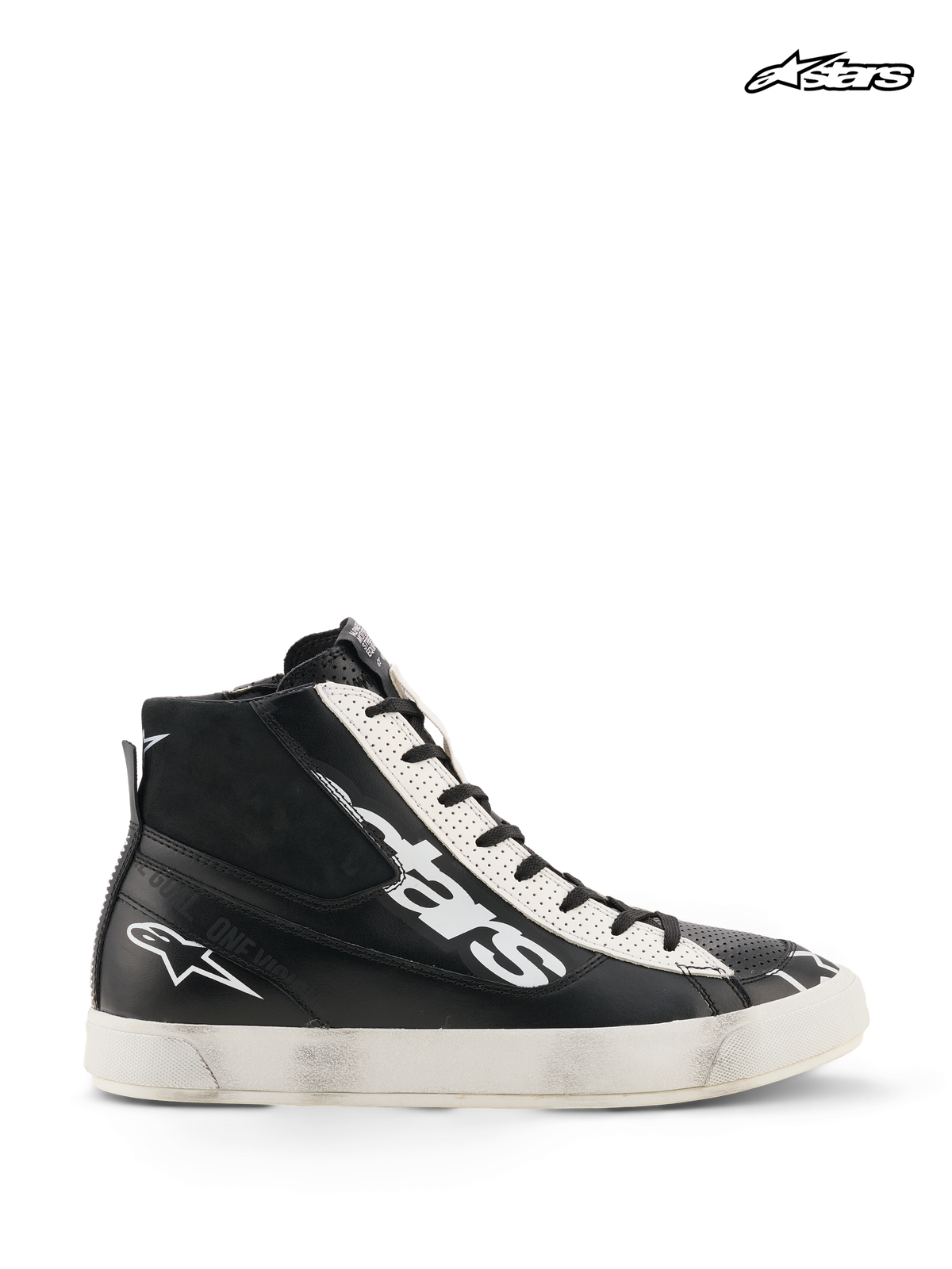 Alpinestars Chaussures De Moto Stated Flair, chaussures de moto urbaines pour homme noires et blanches, design montant en cuir avec protection de cheville certifiée CE et patine racing vintage