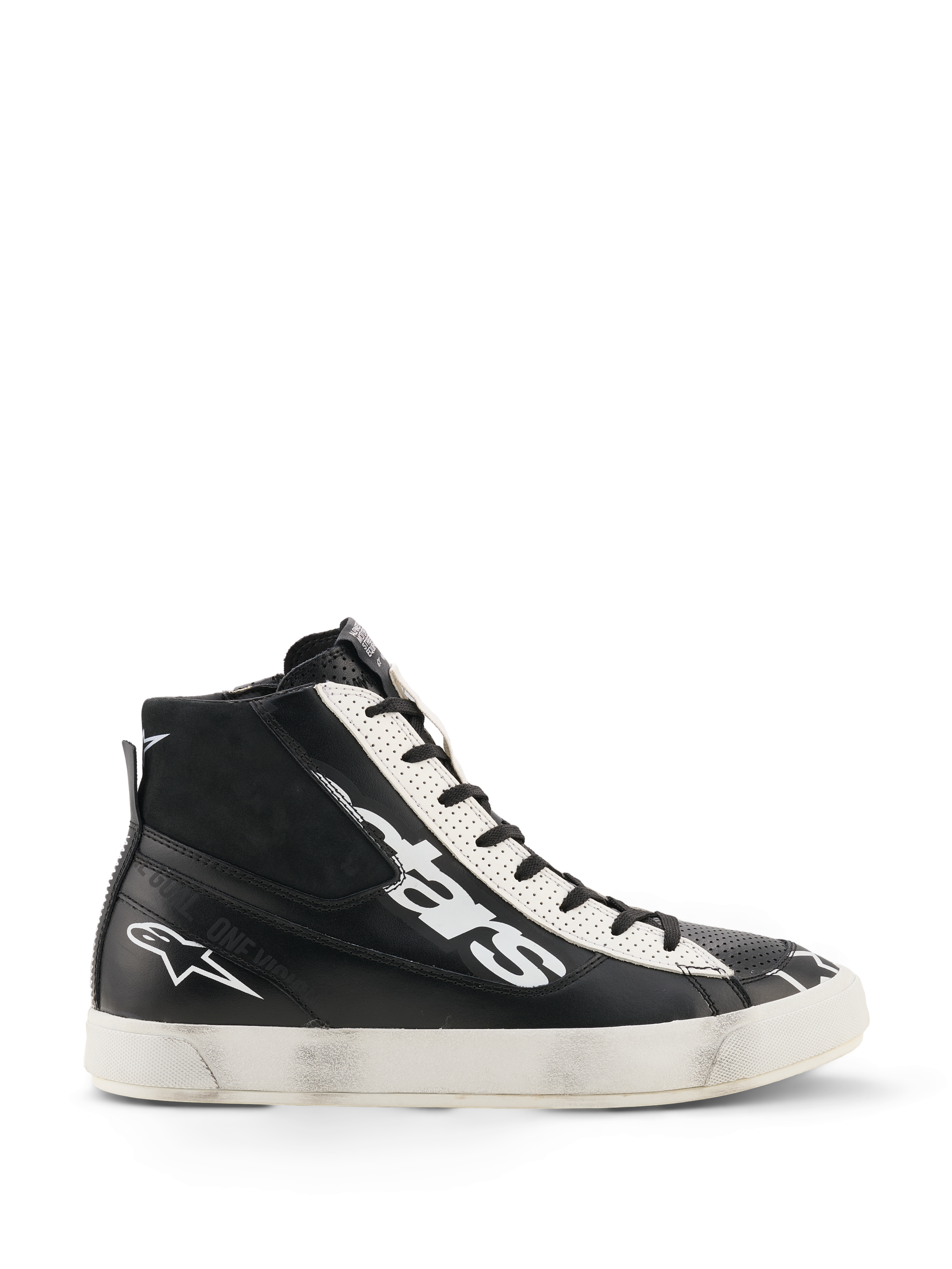 Chaussures Alpinestars Stated Flair, chaussures de moto urbaines, noir et blanc, construction montante en cuir avec grand logo blanc sur le côté, panneau d'œillets blanc perforé, fermeture éclair latérale et semelle en caoutchouc blanc avec patine vintage usée