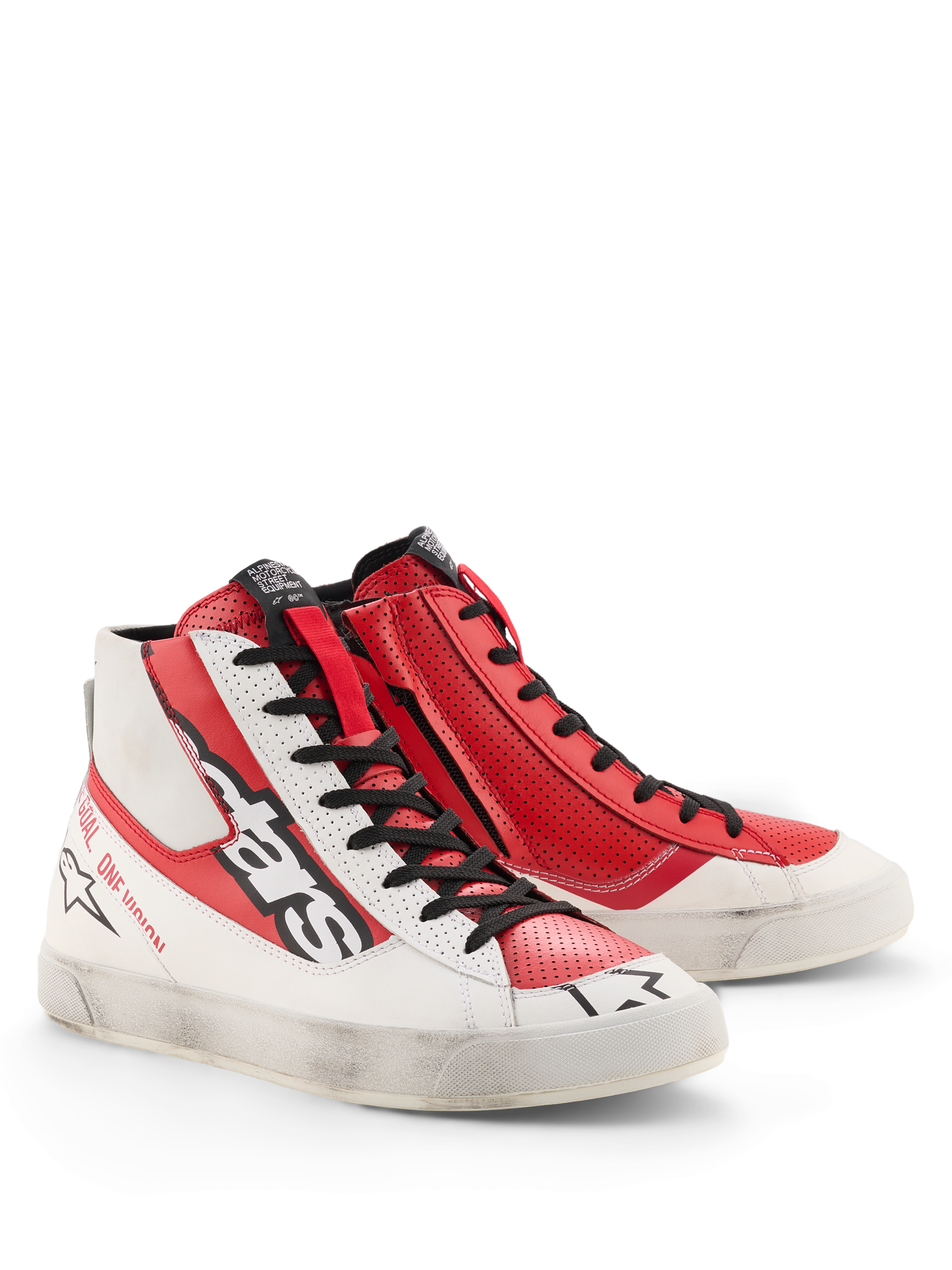 Alpinestars Stated Flair Shoes, High-Top Riding Shoes, White and Bright Red, premium leather with hand-applied worn finish, perforated red panels, black laces, lateral zipper, urban heritage racing style