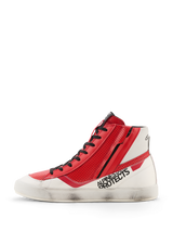 Alpinestars Stated Flair Shoes, Urban Motorcycle Riding Shoes, White and Bright Red, high-top design featuring perforated leather panels, lateral zipper, 'Alpinestars Protects' side branding, white vulcanized sole with hand-applied worn finish, heritage racing style.