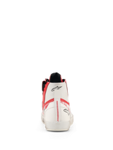 Alpinestars Stated Flair Shoes, Urban Motorcycle Riding Shoes, White and Bright Red, rear view of high-top design with red accents, vertical red zigzag stitching on the heel, side zipper, and black Alpinestars logos on a premium leather upper.
