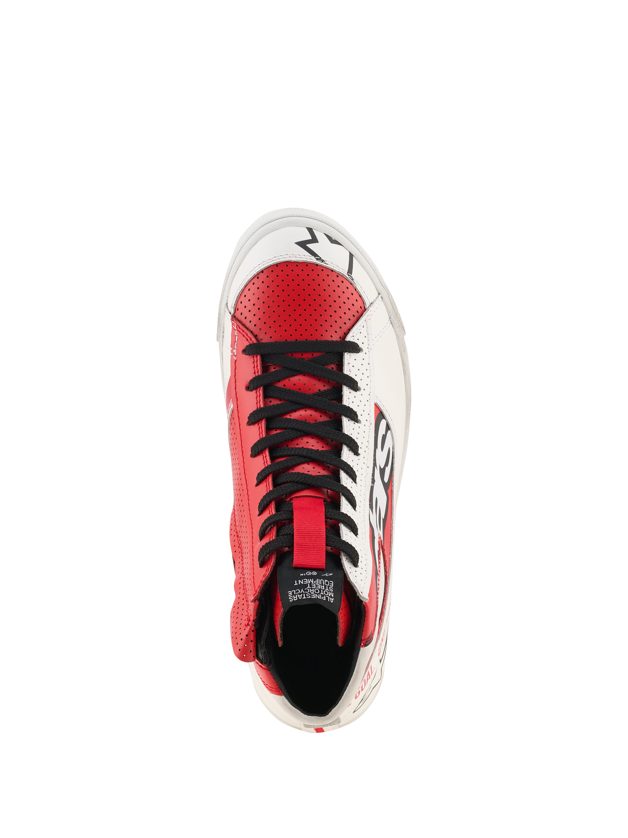 Alpinestars Stated Flair Shoes, Urban Riding Shoes, White and Bright Red, top-down view showing black laces and perforated red leather toe box, premium leather construction with retro racing aesthetics