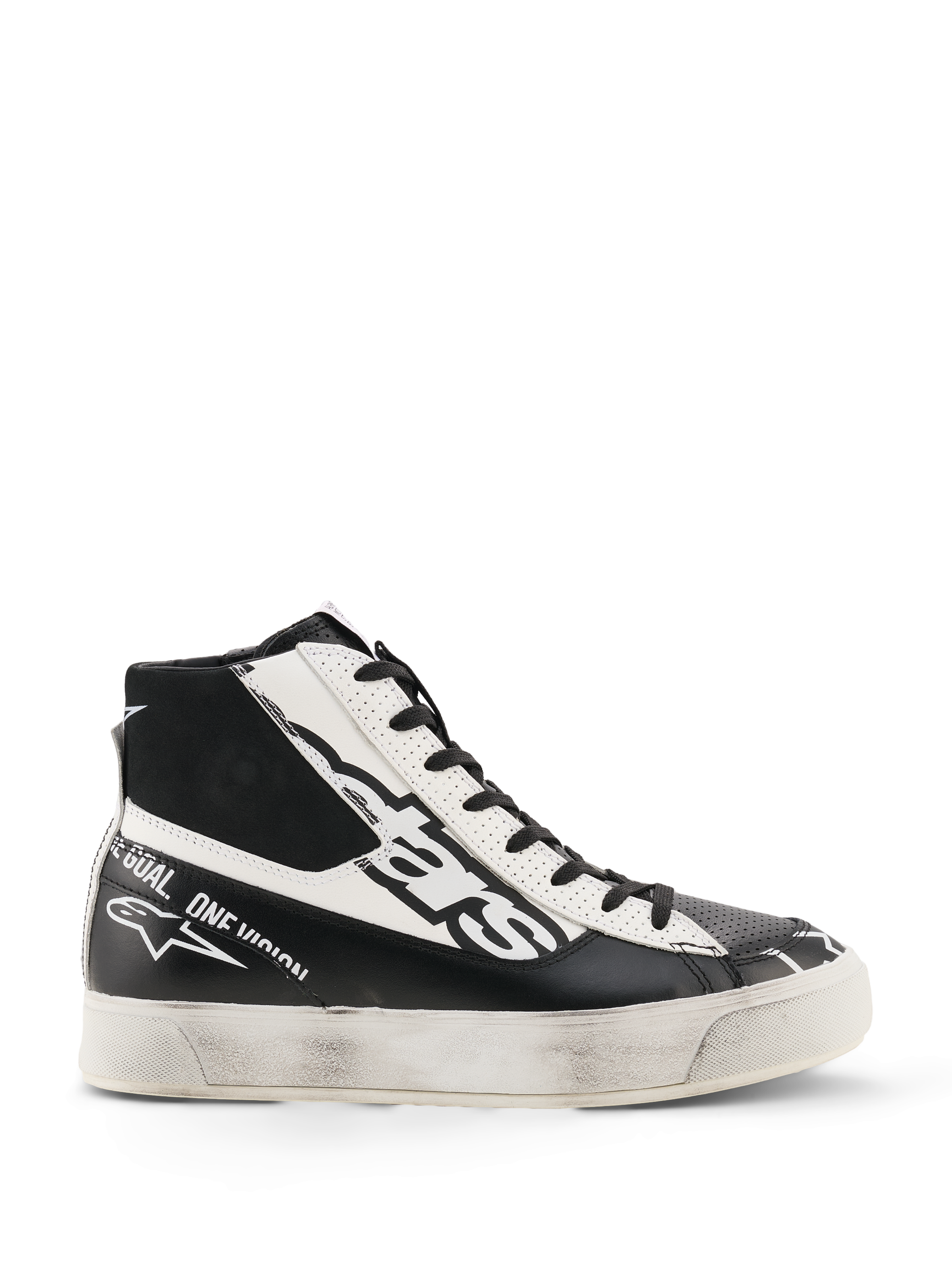 Alpinestars Stella Stated Flair Shoes, Women's High-Top Riding Shoes, Black and White, featuring perforated leather panels, bold logo branding, and a distressed worn-look sole, motorsport-inspired urban streetwear.