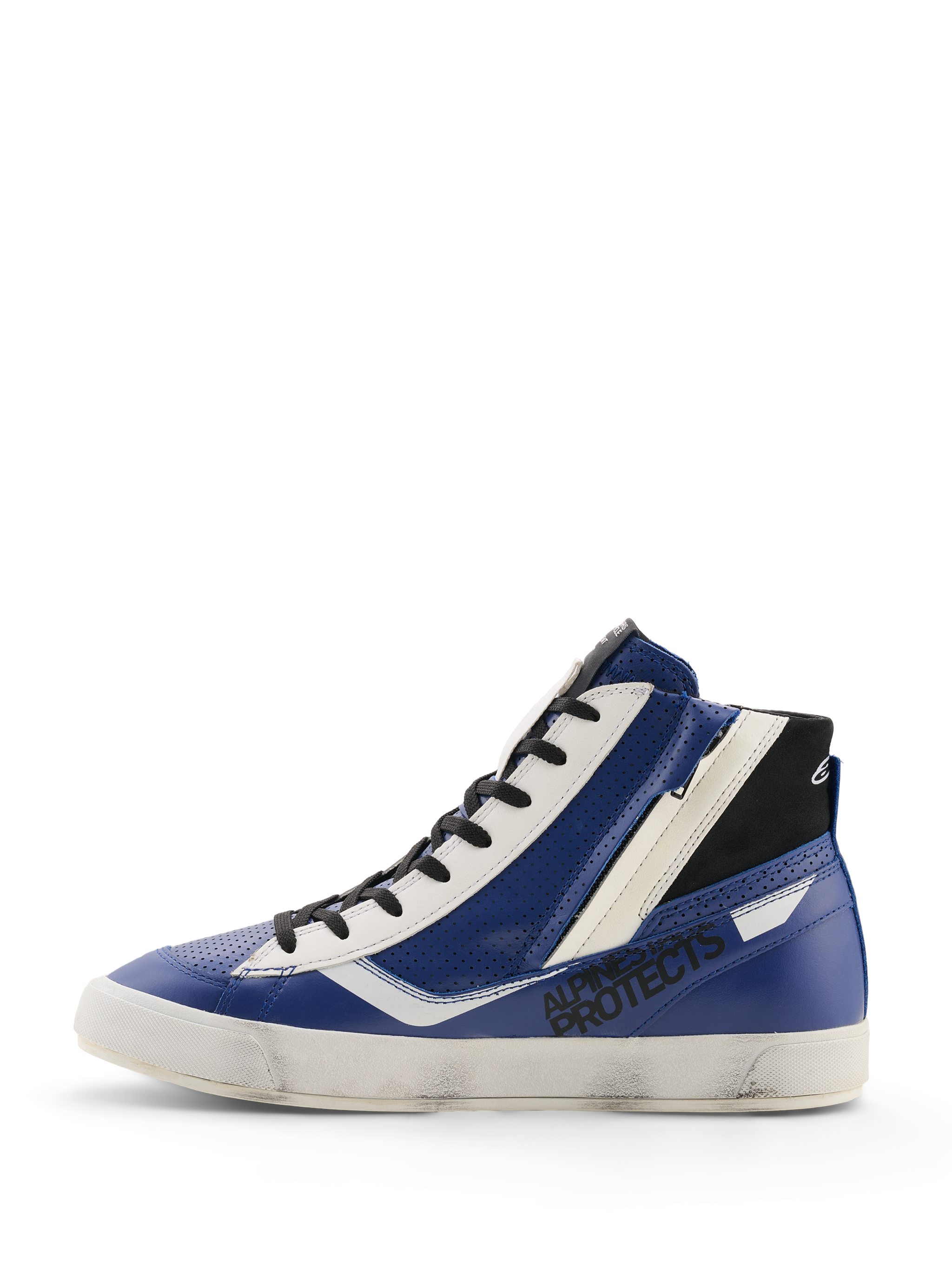 Alpinestars Stated Flair Shoes, Motorcycle Riding Shoes, Bright Blue White and Black, high-top leather design with perforated panels, lateral zipper, black laces, vintage worn-effect white sole, heritage racing aesthetic featuring Alpinestars branding