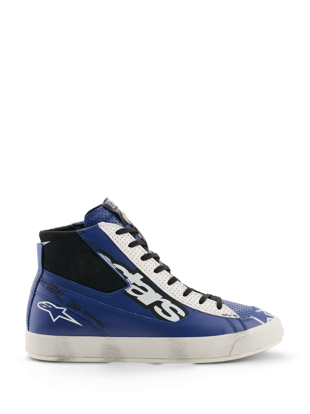 Alpinestars Stated Flair Shoes, chaussures de moto urbaines, bleu vif, blanc et noir, conception montante en cuir avec un grand logo stars blanc et noir, inscription 'One Goal. One Vision.' sur le côté, et semelle vulcanisée blanche d'inspiration vintage avec effet usé appliqué à la main.
