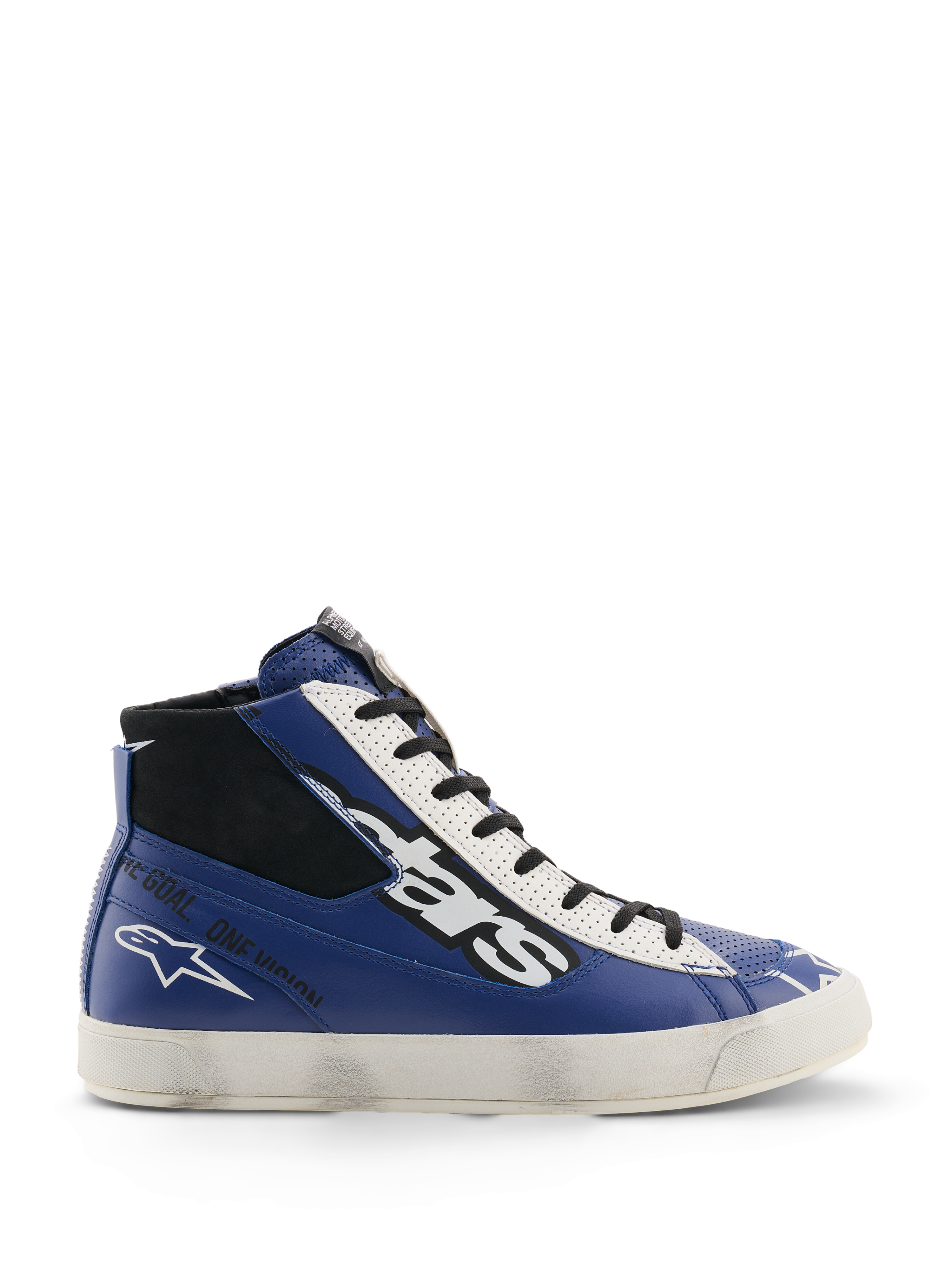 Alpinestars Stated Flair Shoes, chaussures de moto urbaines, bleu vif, blanc et noir, conception montante en cuir avec un grand logo stars blanc et noir, inscription 'One Goal. One Vision.' sur le côté, et semelle vulcanisée blanche d'inspiration vintage avec effet usé appliqué à la main.