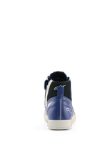 Alpinestars Stated Flair Shoes, Urban Motorcycle Riding Shoes, Bright Blue White and Black, rear view featuring a black upper collar with white Astars logo, blue leather heel with vertical white stitching, and a white vulcanized rubber sole.