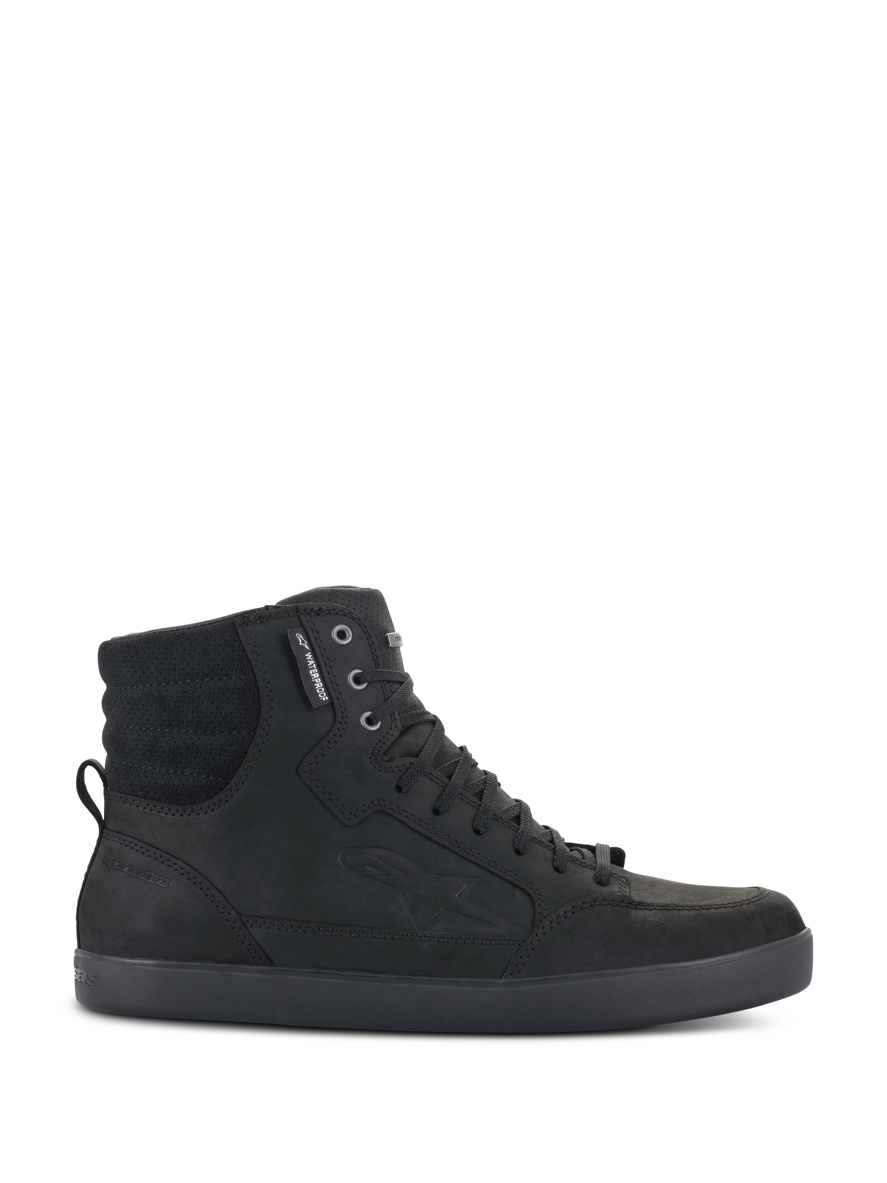 Alpinestars J-6 Waterproof Shoe, Black high-top urban riding sneaker, side profile view showing premium leather construction, lace-up closure, and padded ankle collar