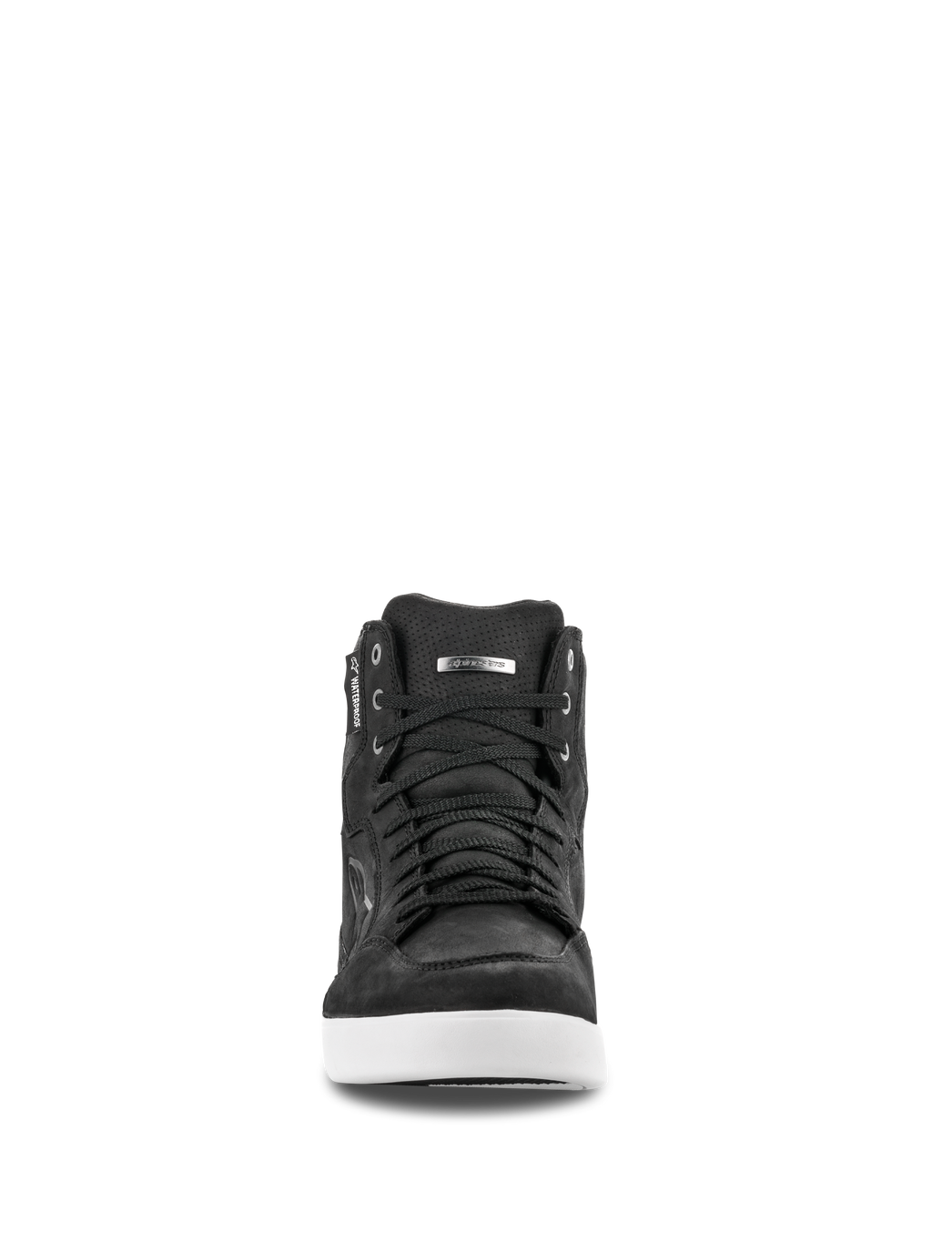 Alpinestars J-6 Waterproof Shoe, vue de face, chaussure de moto en cuir noir avec semelle blanche, design style basket avec lacets noirs, étiquette imperméable et logo argenté, chaussures de moto urbaines