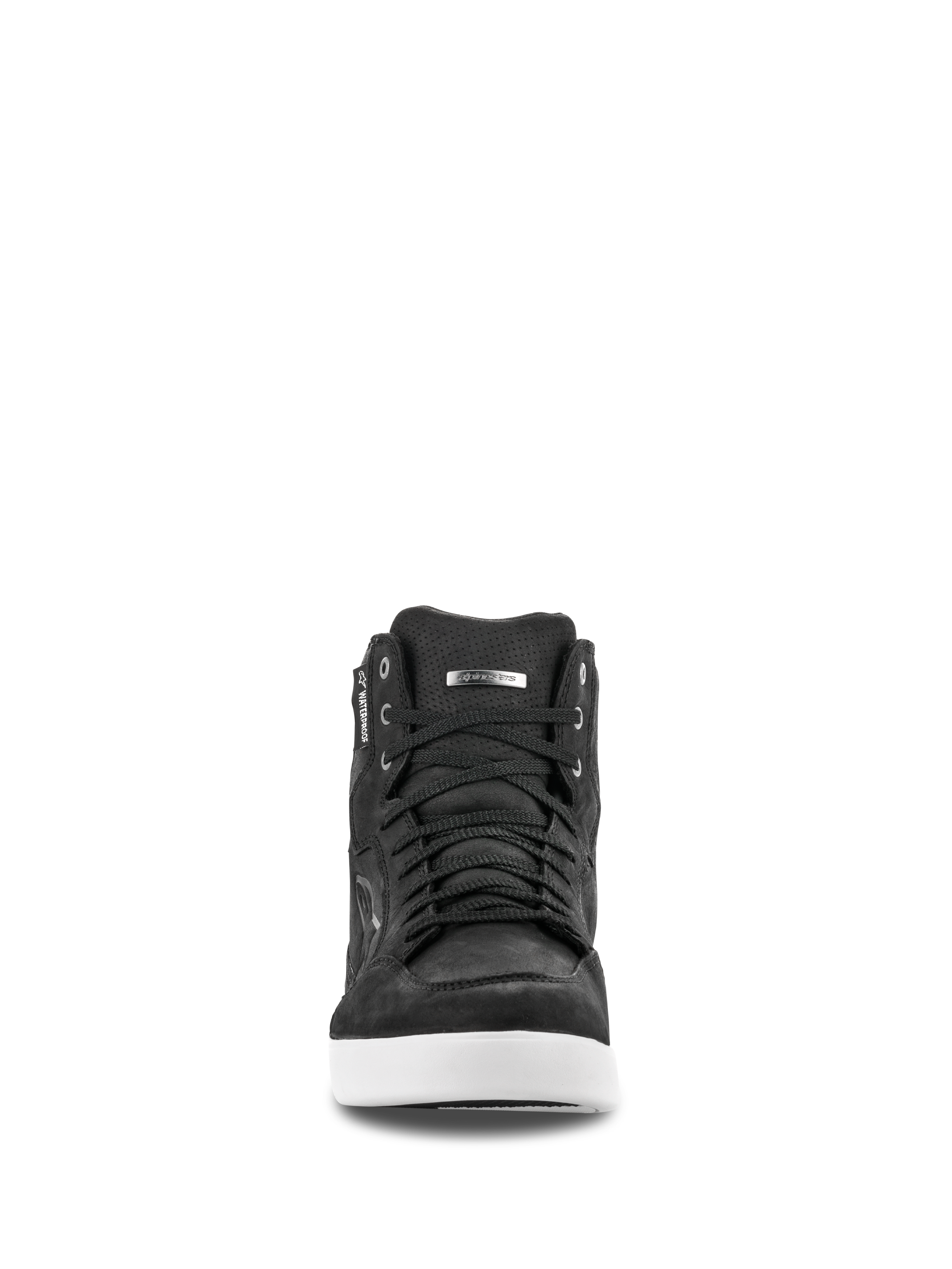 Alpinestars J-6 Waterproof Shoe, vue de face, chaussure de moto en cuir noir avec semelle blanche, design style basket avec lacets noirs, étiquette imperméable et logo argenté, chaussures de moto urbaines