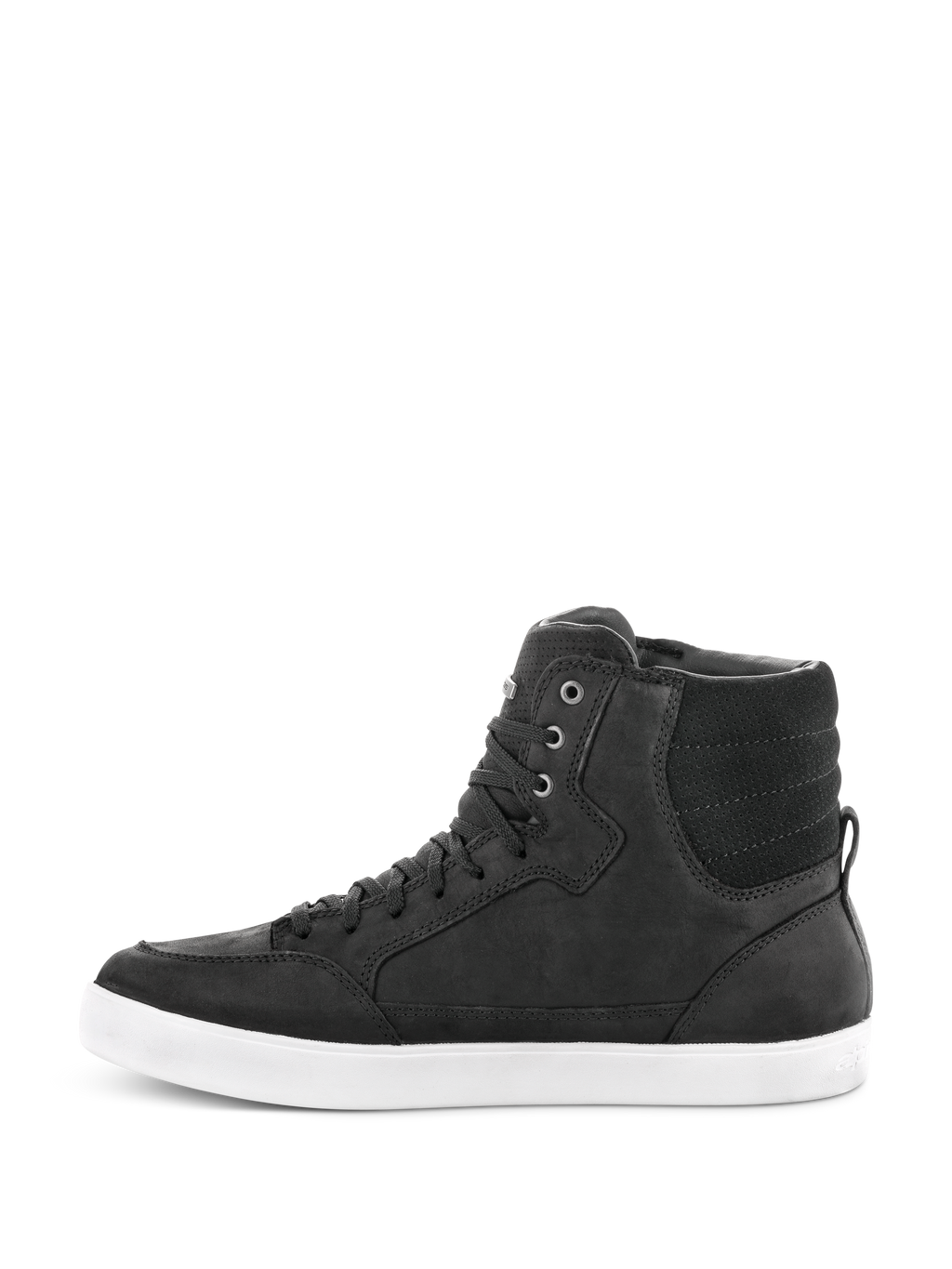 Chaussure imperméable Alpinestars J-6, noir et blanc, vue de profil d'une basket de moto montante, construction en cuir noir avec semelle en caoutchouc blanc, chaussure de moto urbaine avec un design à lacets
