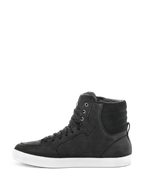 Chaussure imperméable Alpinestars J-6, noir et blanc, vue de profil d'une basket de moto montante, construction en cuir noir avec semelle en caoutchouc blanc, chaussure de moto urbaine avec un design à lacets
