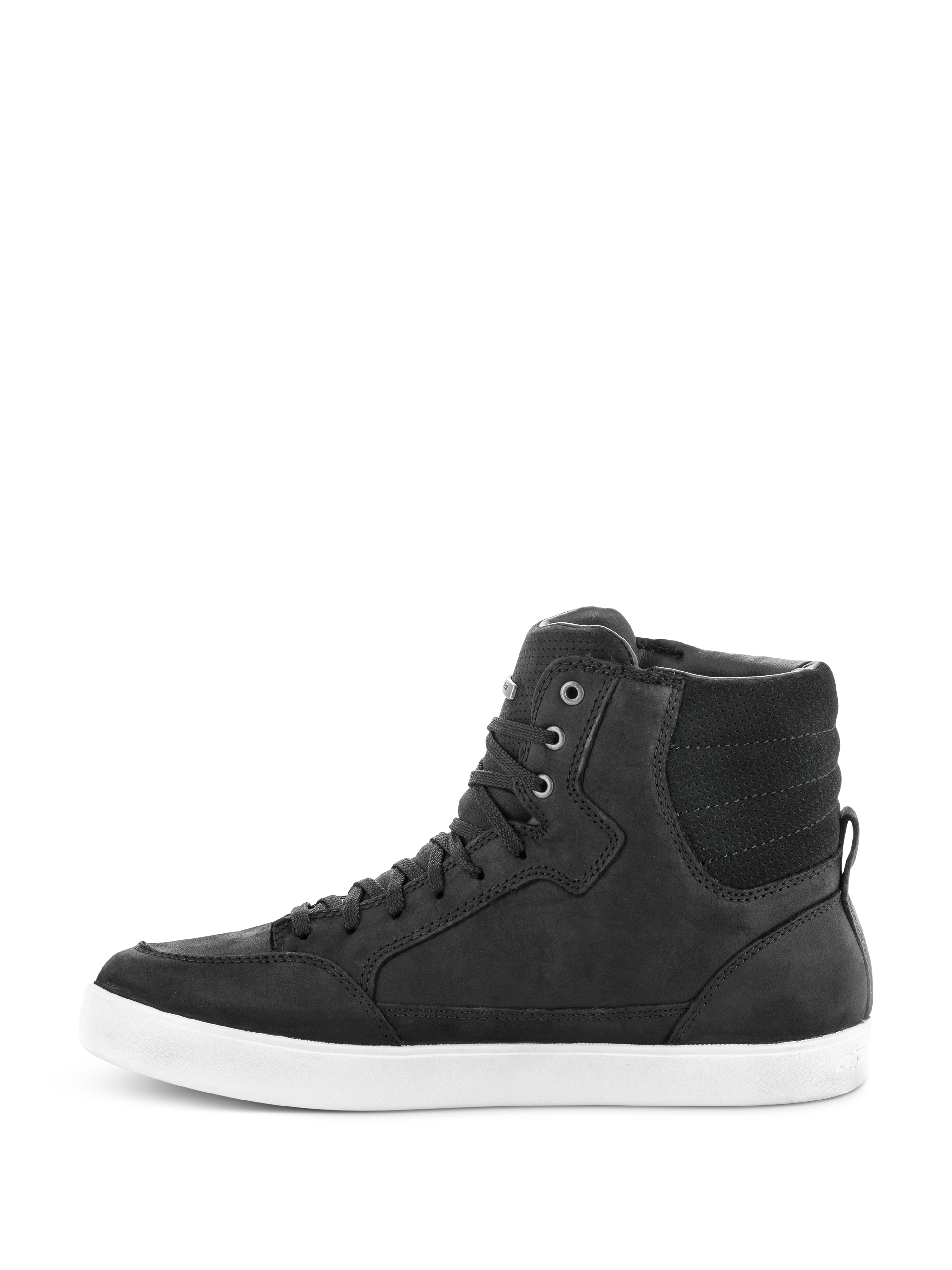 Chaussure imperméable Alpinestars J-6, noir et blanc, vue de profil d'une basket de moto montante, construction en cuir noir avec semelle en caoutchouc blanc, chaussure de moto urbaine avec un design à lacets