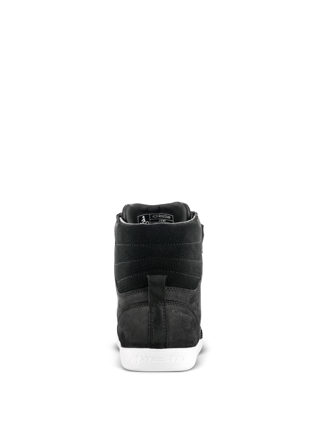 Chaussure Alpinestars J-6 Waterproof, chaussure de moto, noir et blanc, vue arrière montrant le talon et la tige en cuir texturé avec une semelle en caoutchouc blanc