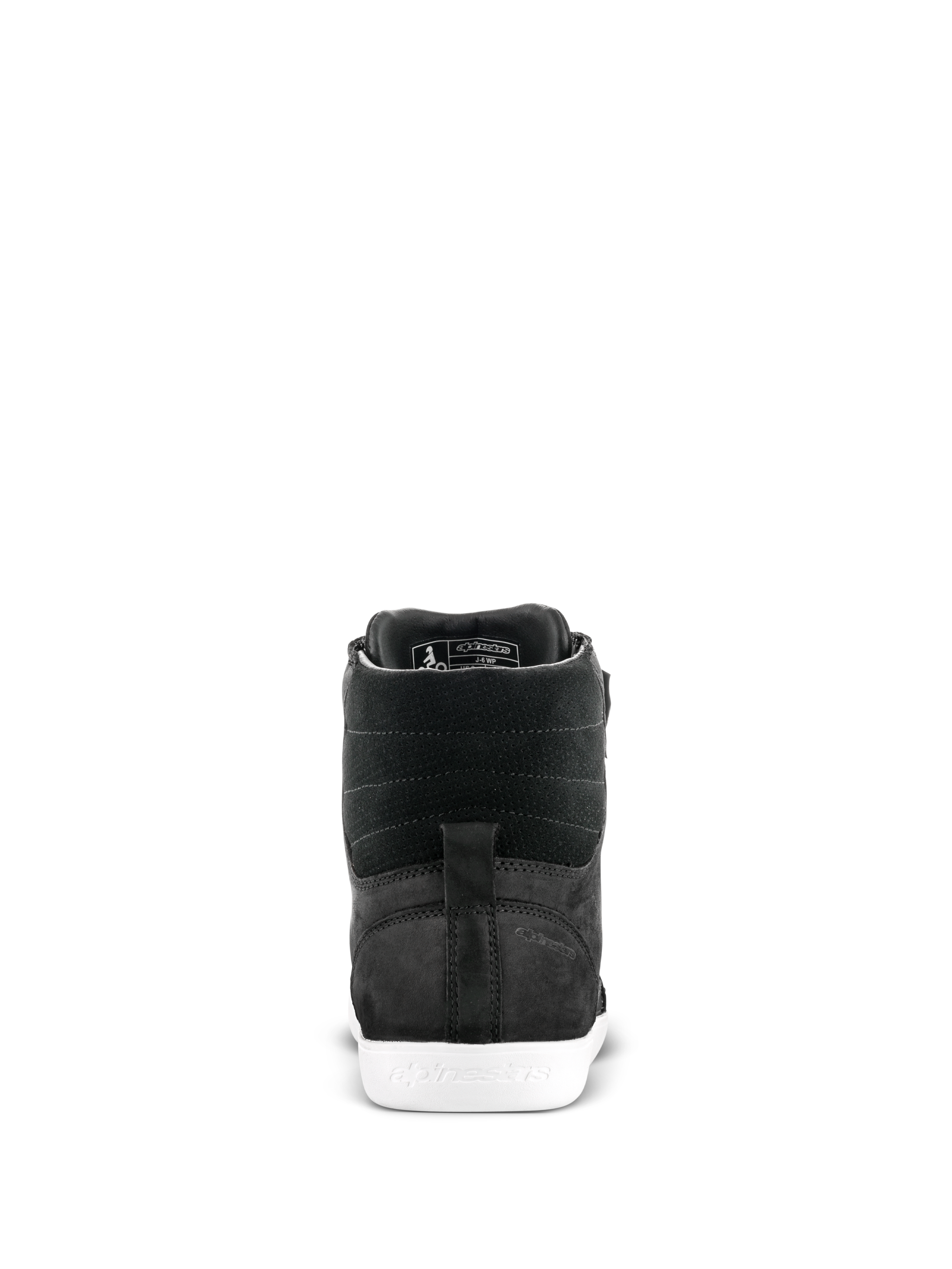 Chaussure Alpinestars J-6 Waterproof, chaussure de moto, noir et blanc, vue arrière montrant le talon et la tige en cuir texturé avec une semelle en caoutchouc blanc