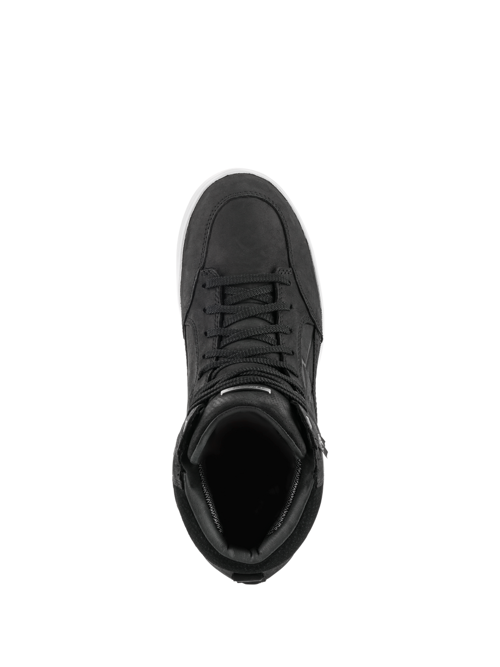 Chaussure Alpinestars J-6 Waterproof, noir et blanc, vue de dessus d'une botte de moto au style baskets, construction en cuir noir de haute qualité avec lacets assortis et détails de semelle blancs, chaussure de conduite urbaine