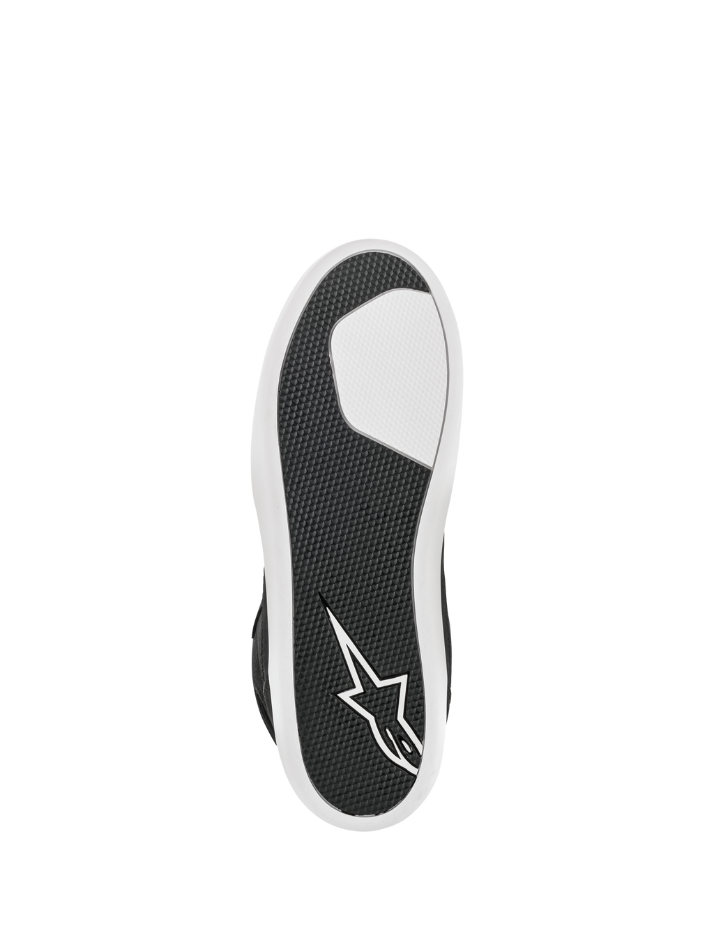 Alpinestars J-6 Waterproof Shoe, noir et blanc, vue de dessous montrant la semelle en caoutchouc avancée, motif d'adhérence texturé pour la durabilité, logo étoile blanc sur le talon, chaussure de moto urbaine