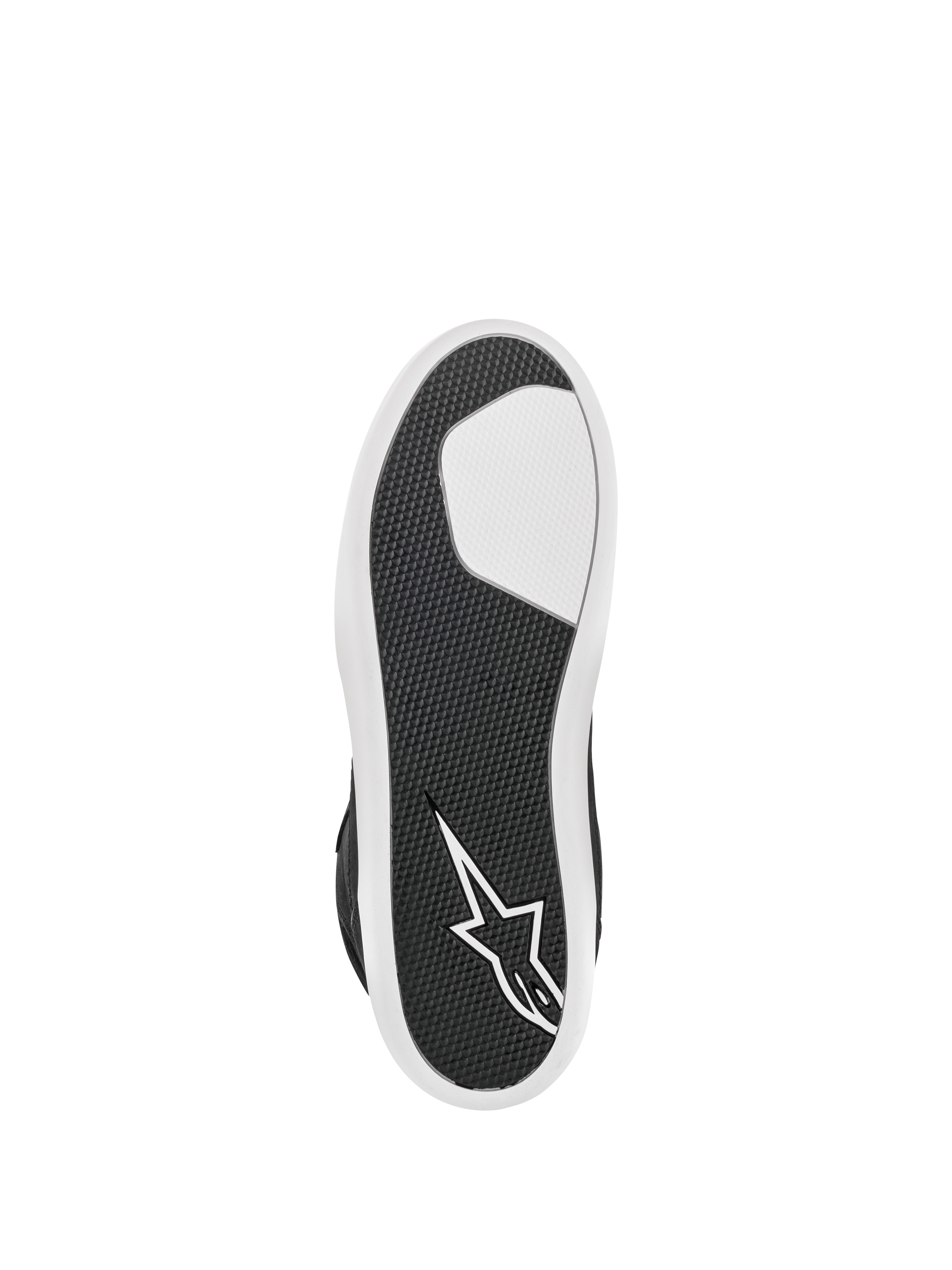 Alpinestars J-6 Waterproof Shoe, noir et blanc, vue de dessous montrant la semelle en caoutchouc avancée, motif d'adhérence texturé pour la durabilité, logo étoile blanc sur le talon, chaussure de moto urbaine