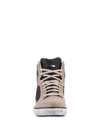 Chaussure imperméable Alpinestars J-6 en Black Flint White, vue de face, chaussure de moto style basket en cuir de qualité supérieure avec lacets beiges, languette noire perforée et semelle blanche à effet vieilli.