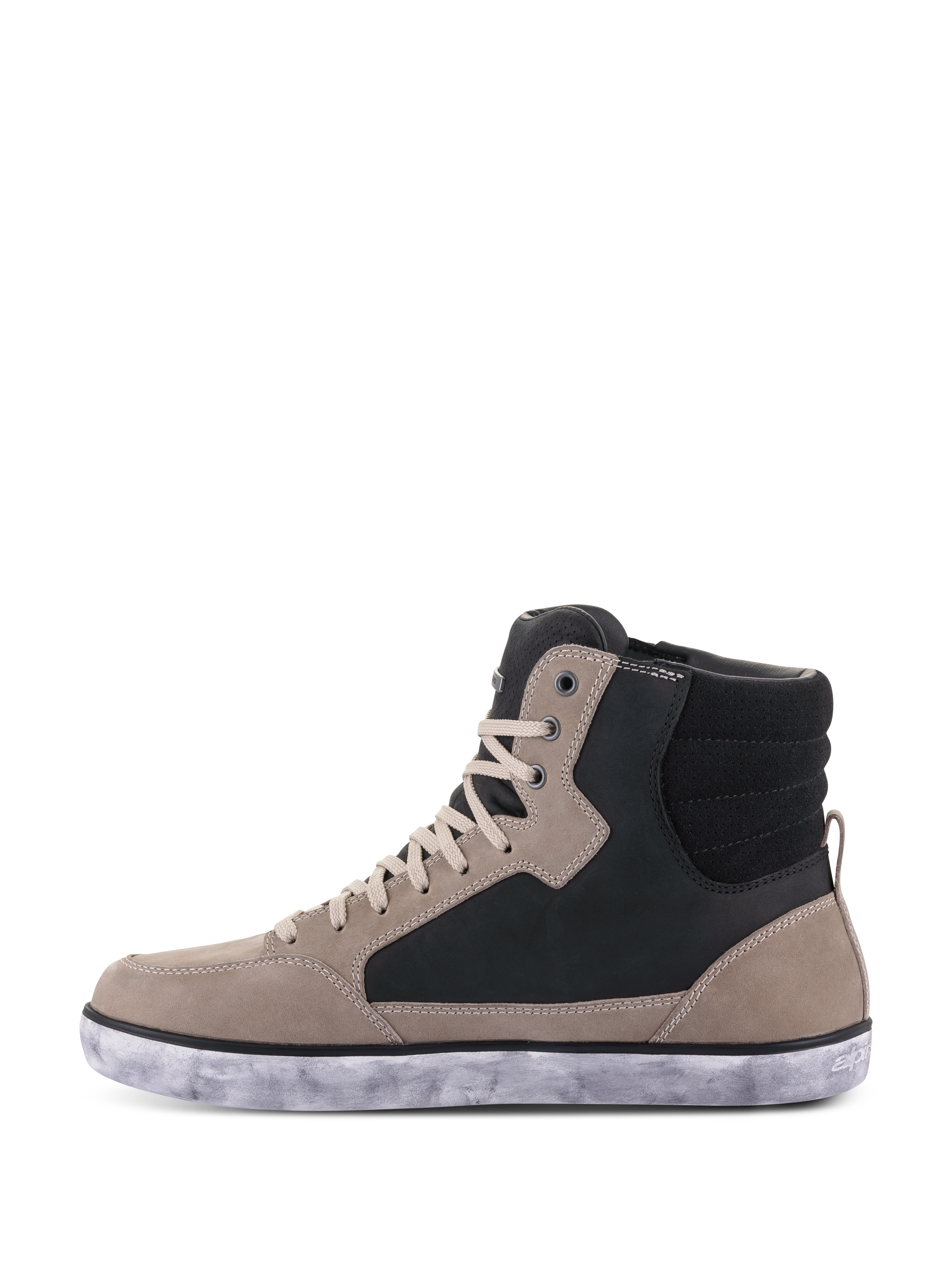 Chaussure imperméable Alpinestars J-6, chaussure de moto, Noir Flint Blanc, style basket montante avec empiècements en cuir gris silex et noir, lacets crème et semelle en caoutchouc blanc moucheté, design urbain décontracté pour la moto