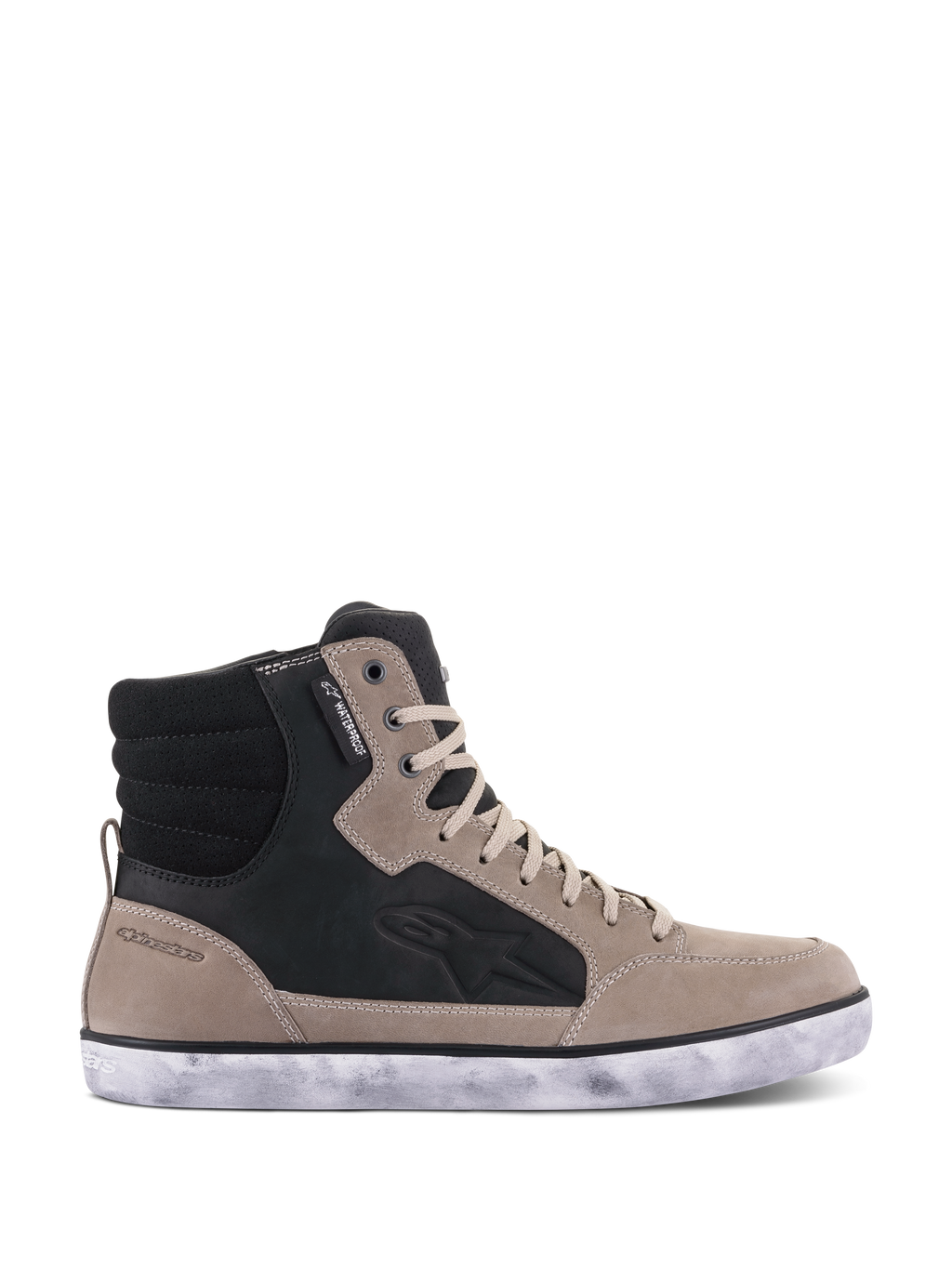 Chaussure Alpinestars J-6 Waterproof, chaussure de moto, Noir Flint Blanc, design montant style basket en cuir avec semelle en caoutchouc blanc vieilli, dotée du logo Astar latéral et d'une étiquette waterproof