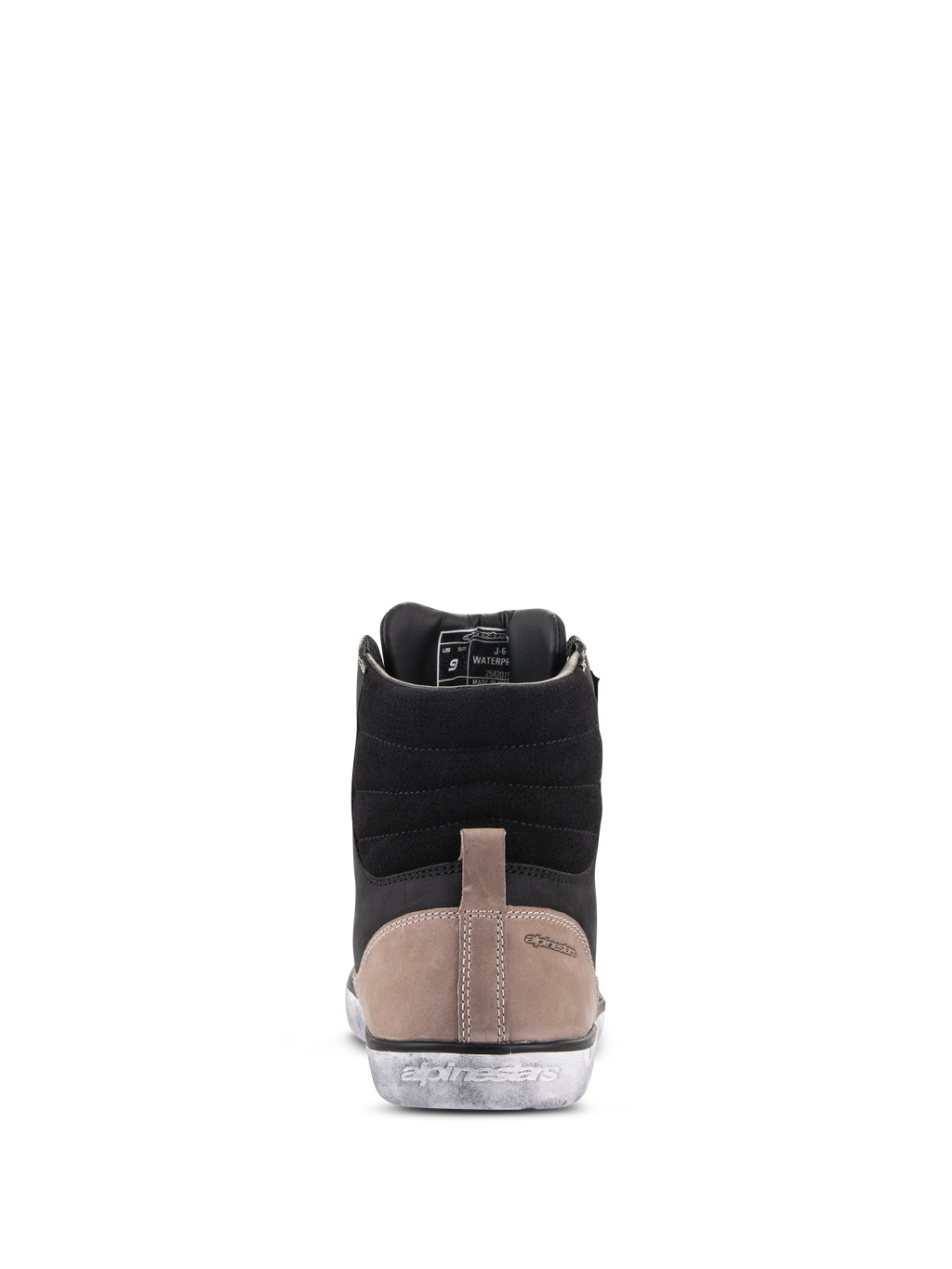 Chaussure Alpinestars J-6 Waterproof, chaussure de moto, Noir Flint Blanc, vue arrière montrant la tige en cuir noir, l'empiècement au talon beige avec logo embossé et la semelle en caoutchouc blanc à effet usé avec marquage Alpinestars