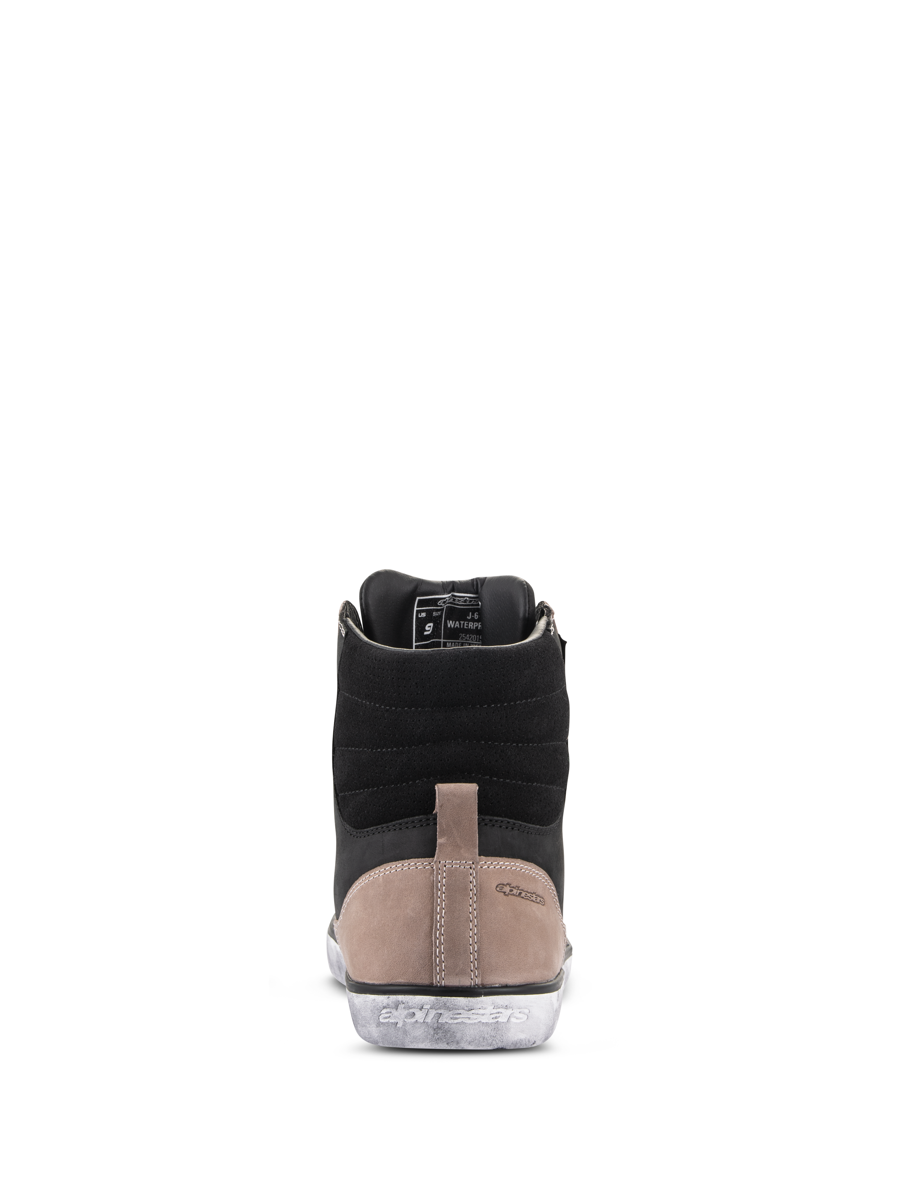 Chaussure Alpinestars J-6 Waterproof, chaussure de moto, Noir Flint Blanc, vue arrière montrant la tige en cuir noir, l'empiècement au talon beige avec logo embossé et la semelle en caoutchouc blanc à effet usé avec marquage Alpinestars