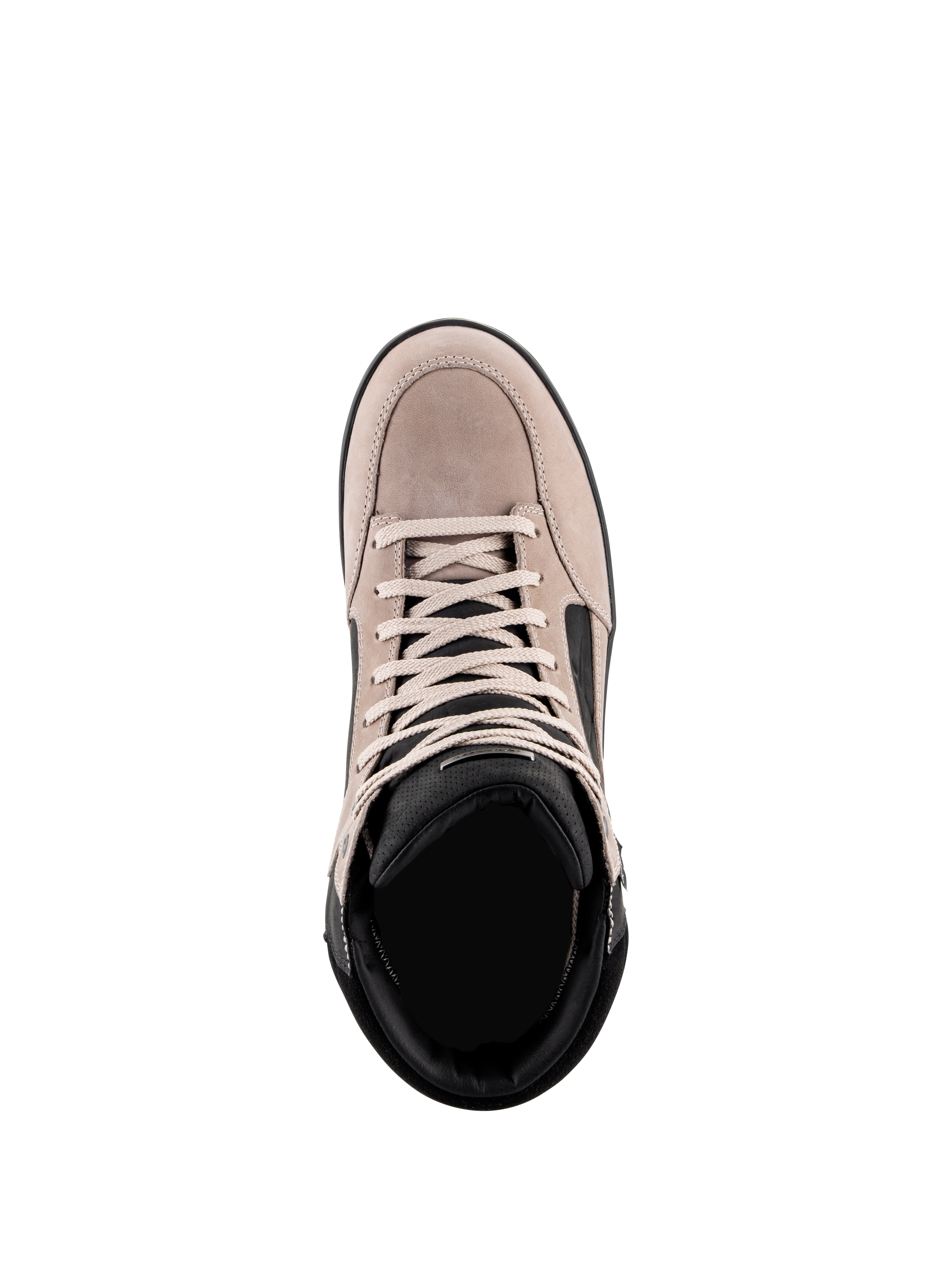 Chaussure Alpinestars J-6 Waterproof, chaussure de moto urbaine, Noir Flint Blanc, vue de dessus montrant la tige en cuir suédé, les lacets blancs et le col rembourré noir, design décontracté inspiré des baskets pour les trajets quotidiens à moto