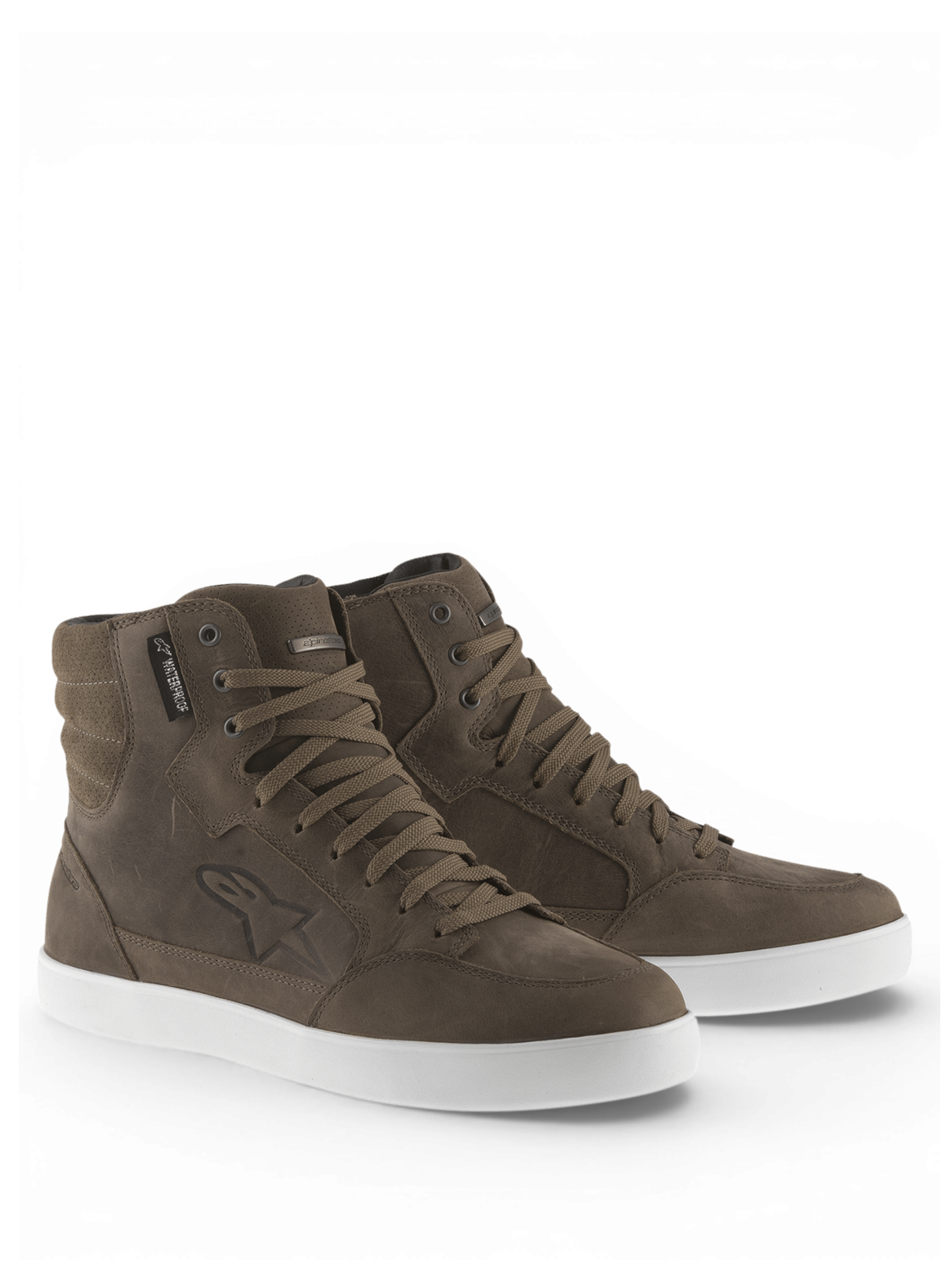 Chaussures de moto Alpinestars J-6 Waterproof pour homme, style urbain, marron et blanc, en cuir premium.