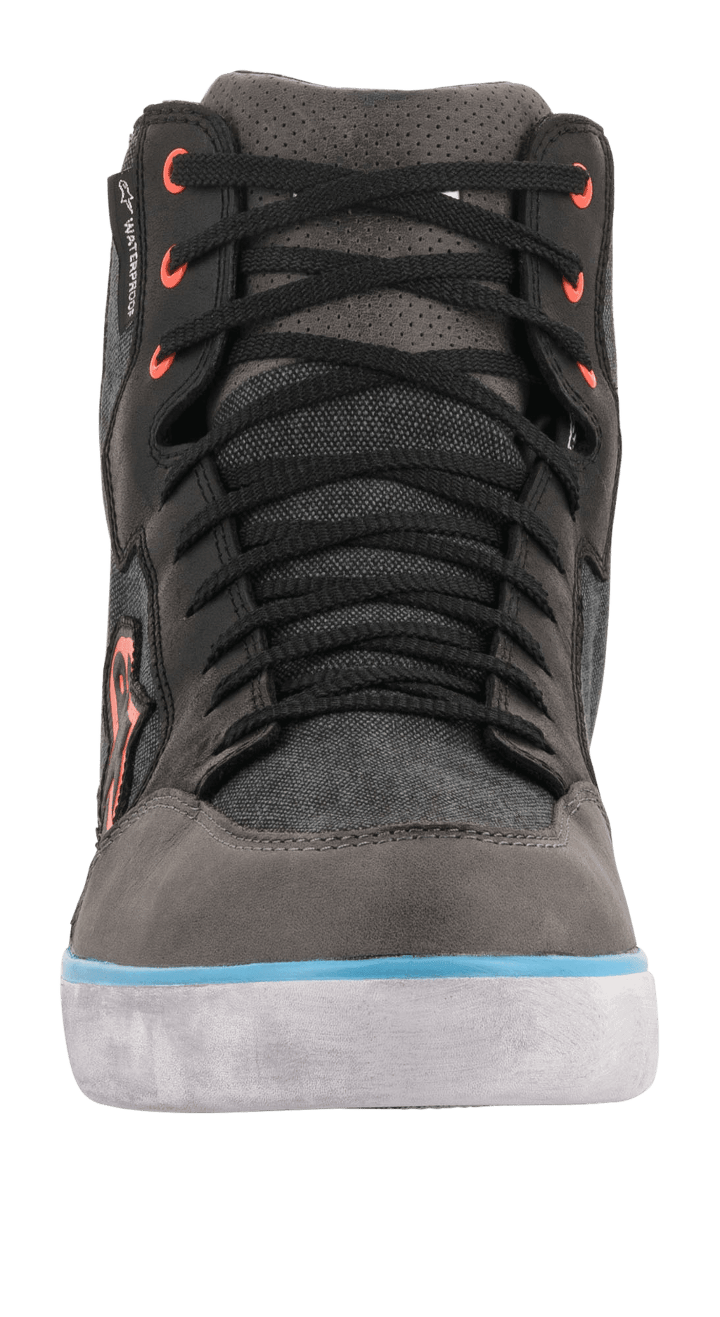 Alpinestars J-6 Waterproof Canvas, chaussure de moto, vue de face, noir et anthracite avec accent bleu clair sur la semelle et œillets orange, botte de moto style basket avec membrane imperméable