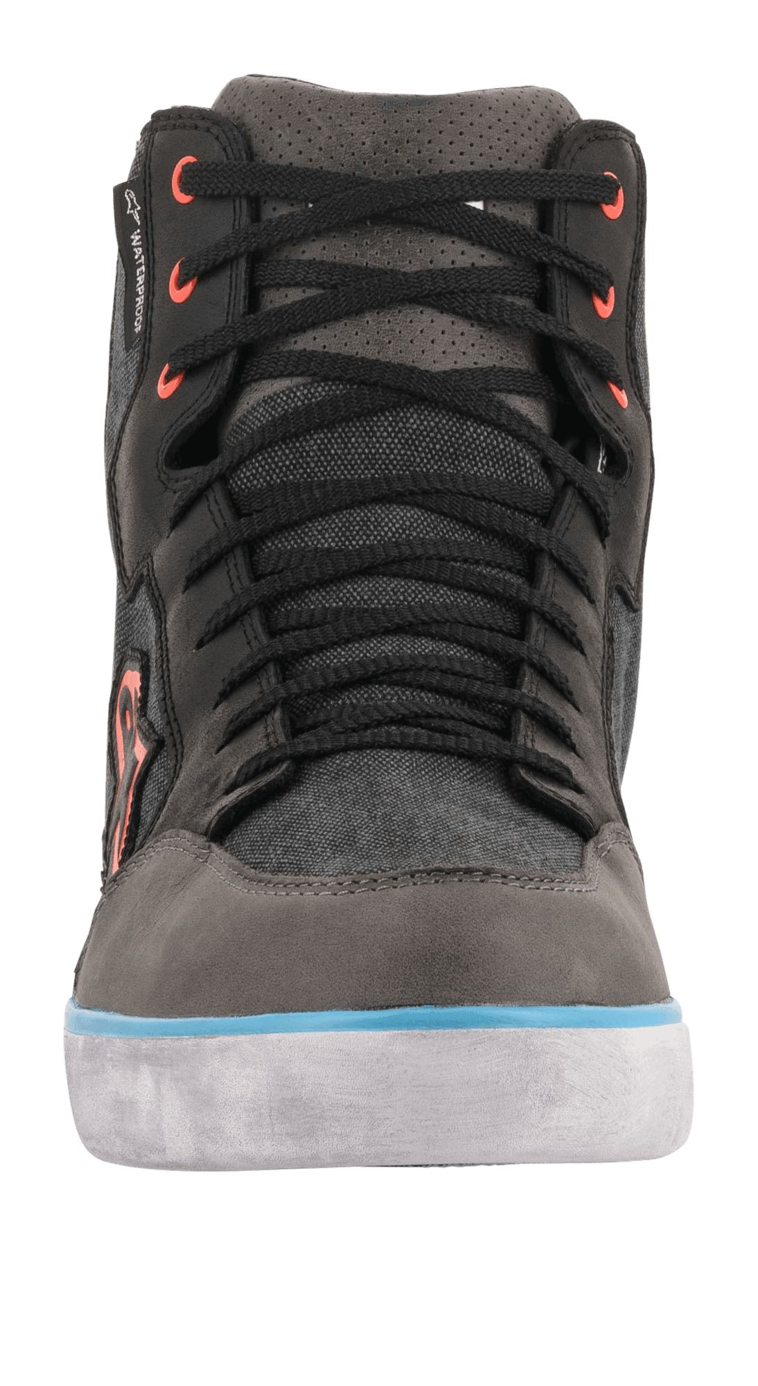 Alpinestars J-6 Waterproof Canvas, chaussure de moto, vue de face, noir et anthracite avec accent bleu clair sur la semelle et œillets orange, botte de moto style basket avec membrane imperméable