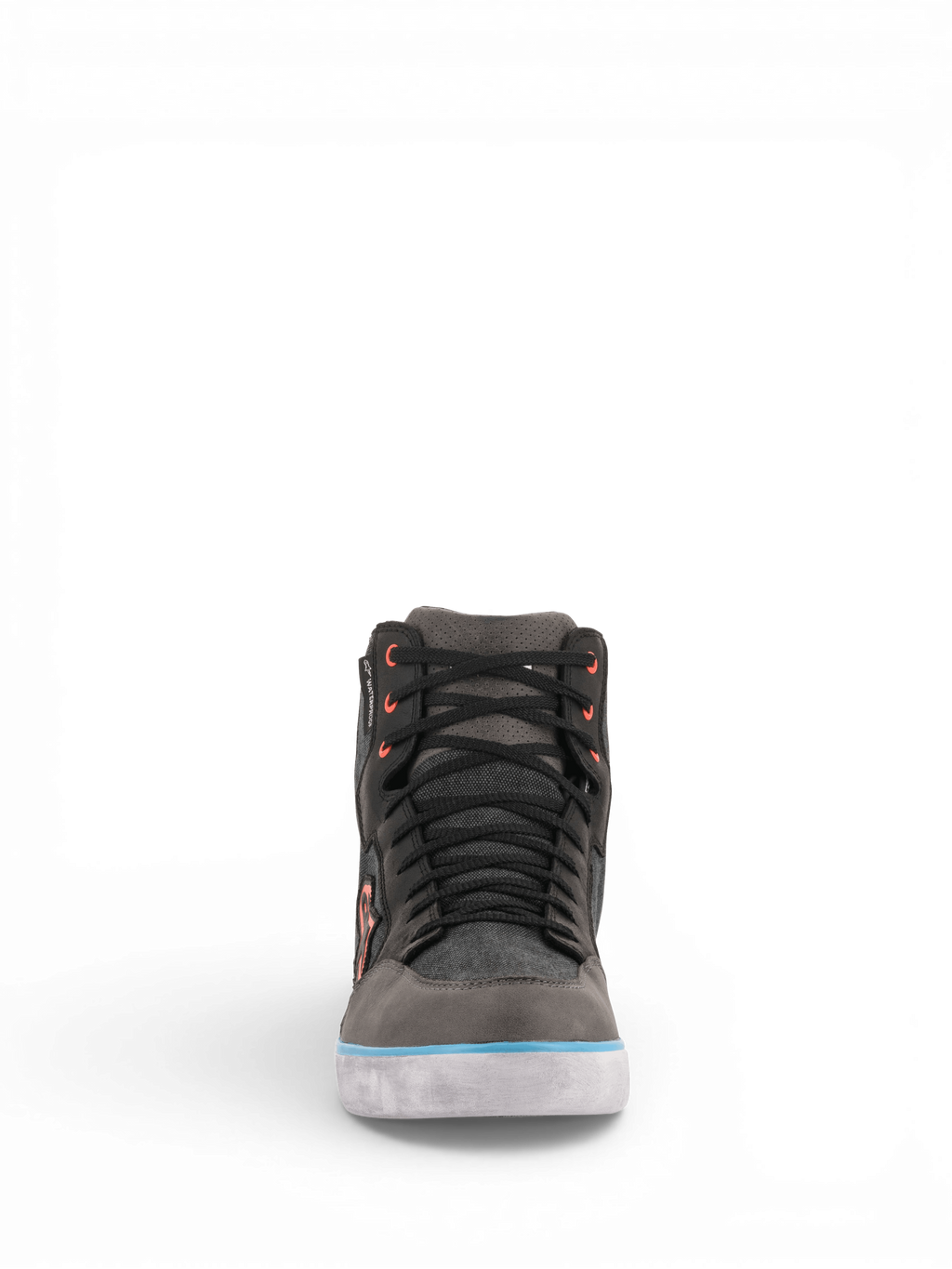 Alpinestars Chaussures J-6 Imperméables Canvas, chaussures de moto grises et noires, accents bleu clair, vue de face.