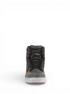 Alpinestars Chaussures J-6 Imperméables Canvas, chaussures de moto grises et noires, accents bleu clair, vue de face.