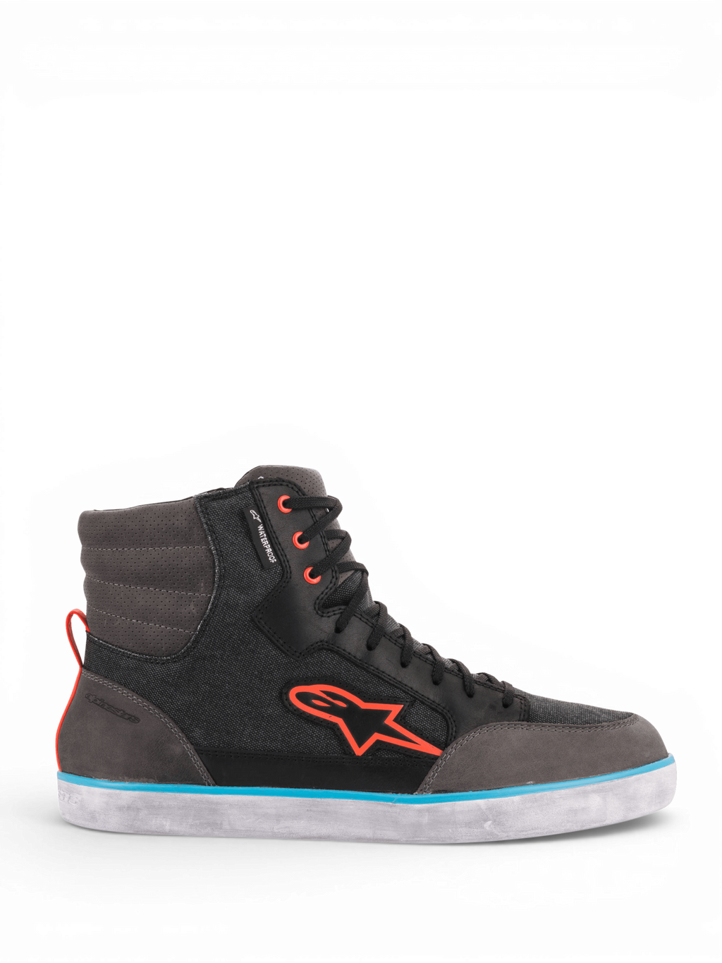 Alpinestars J-6 Waterproof Canvas, chaussures de moto pour homme, noires et grises, imperméables, détails bleus et orange.