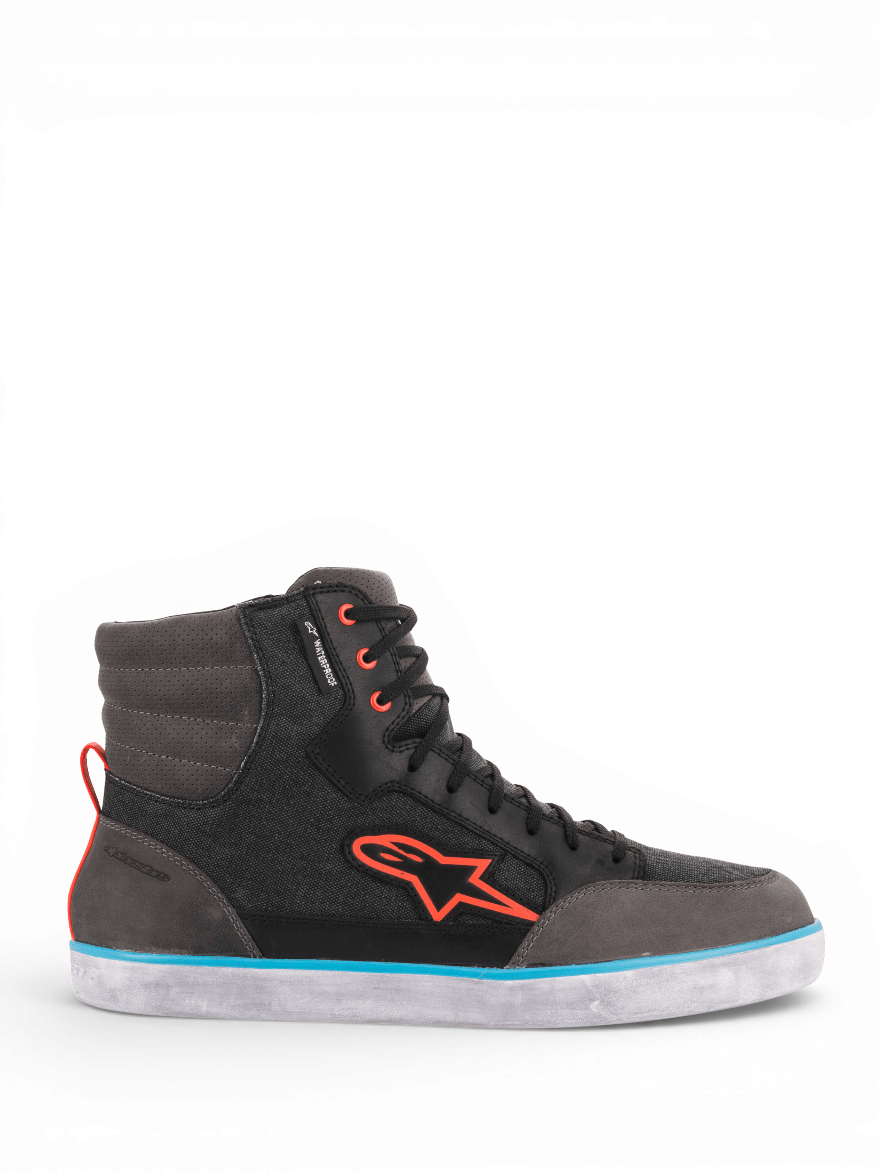 Alpinestars J-6 Waterproof Canvas, chaussures de moto pour homme, noires et grises, imperméables, détails bleus et orange.