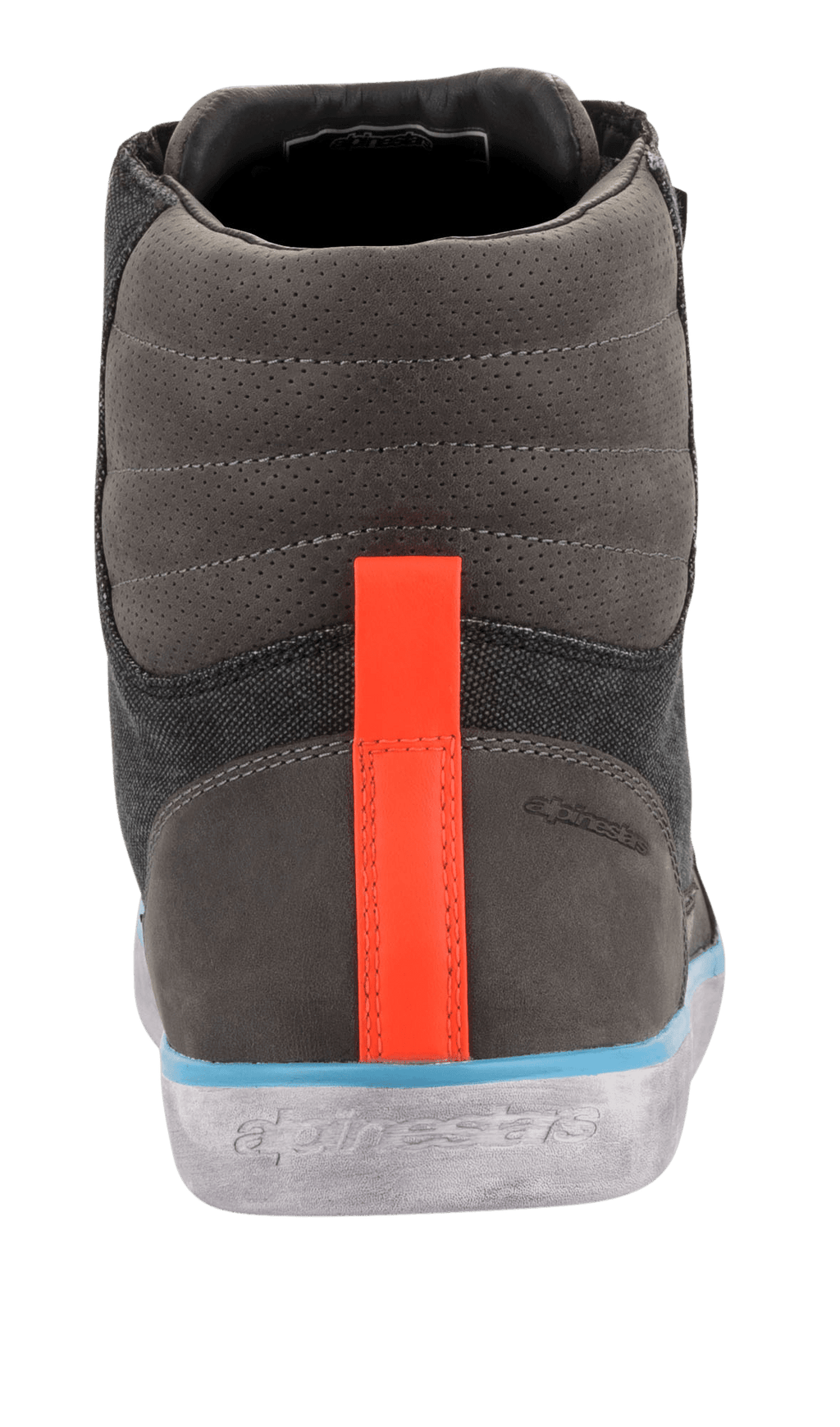 Chaussure Alpinestars J-6 Waterproof Canvas, vue arrière, tige grise et anthracite avec bande de talon orange vif, liseré bleu clair au-dessus d'une semelle grise à l'aspect vieilli, botte de moto style basket urbaine avec logo embossé