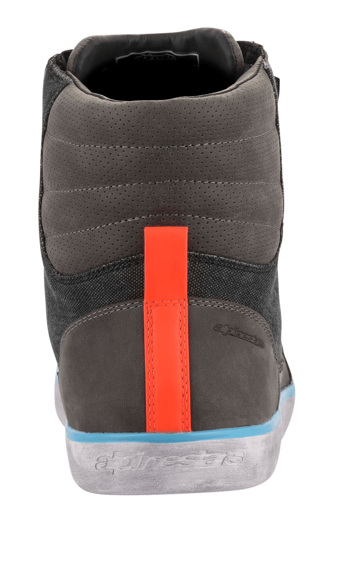 Chaussure Alpinestars J-6 Waterproof Canvas, vue arrière, tige grise et anthracite avec bande de talon orange vif, liseré bleu clair au-dessus d'une semelle grise à l'aspect vieilli, botte de moto style basket urbaine avec logo embossé