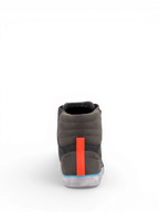 Alpinestars J-6 Waterproof Canvas, chaussures de moto pour homme, gris et anthracite avec bande orange et détails bleus, imperméables, en cuir et toile, vue de dos.