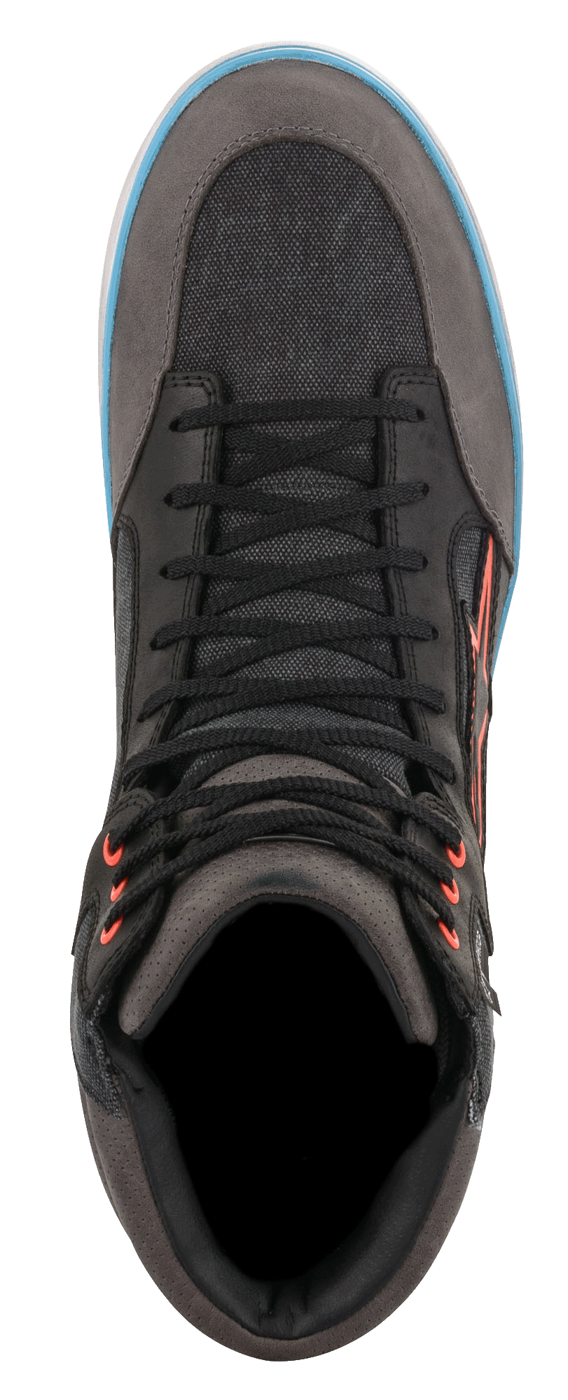 Chaussure de moto Alpinestars J-6 Waterproof Canvas, noir et anthracite, vue de dessus montrant des empiècements en toile texturée et en cuir, lacets noirs avec œillets orange, détail de semelle bleu clair, chaussure de moto décontractée style basket