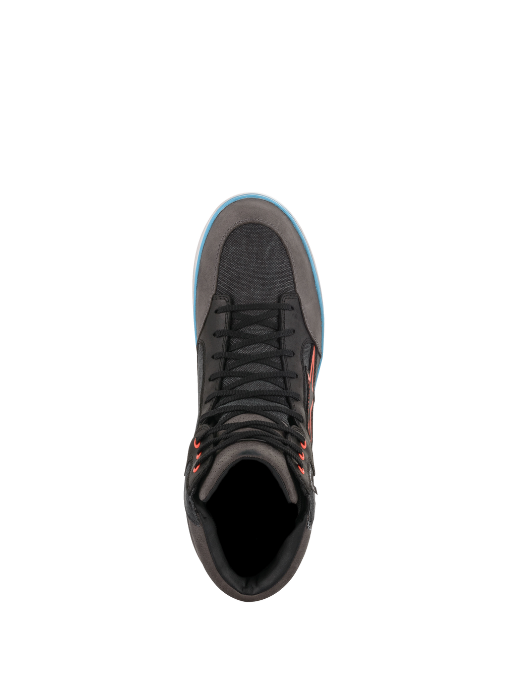 Alpinestars J-6 Waterproof Canvas, chaussures de moto urbaines grises et noires, liseré bleu clair, vue de dessus.