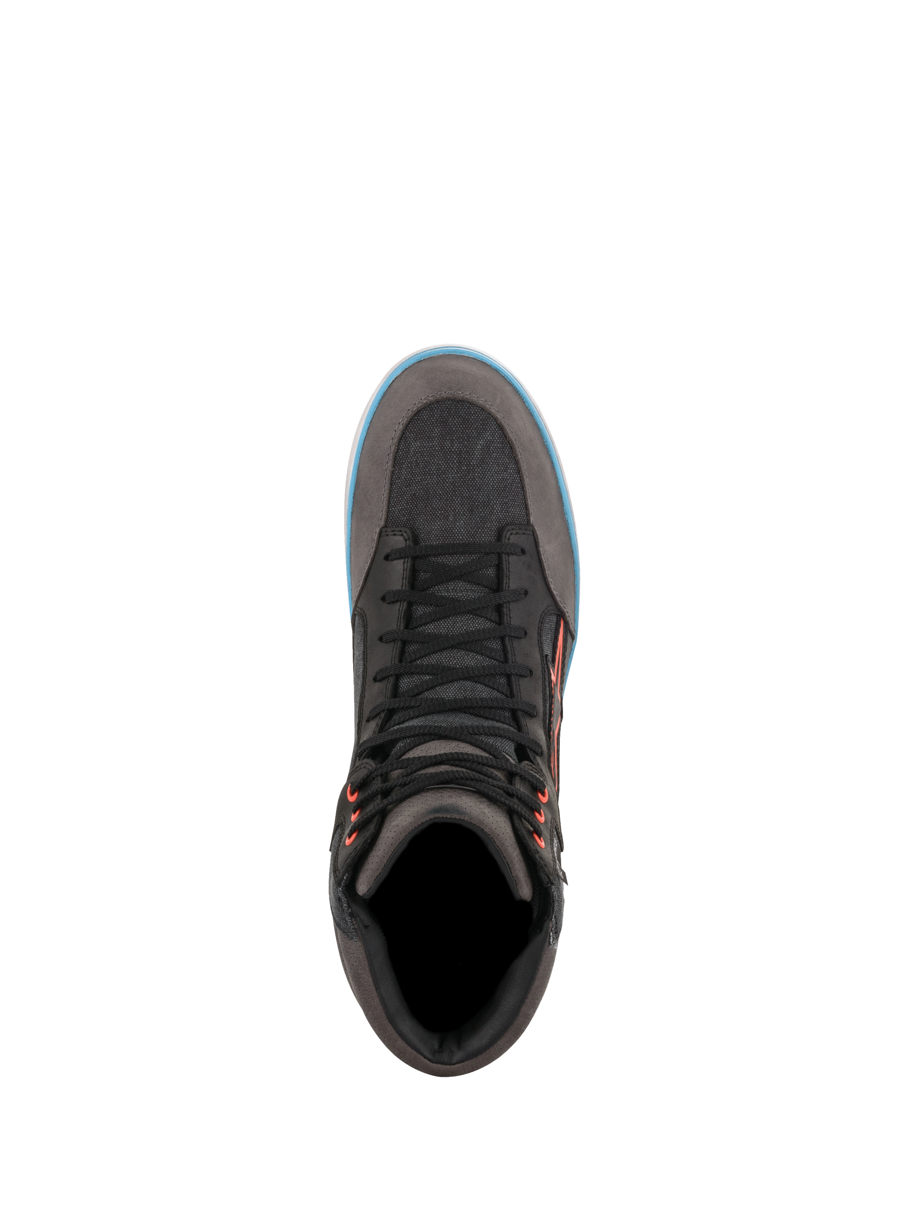 Alpinestars J-6 Waterproof Canvas, chaussures de moto urbaines grises et noires, liseré bleu clair, vue de dessus.