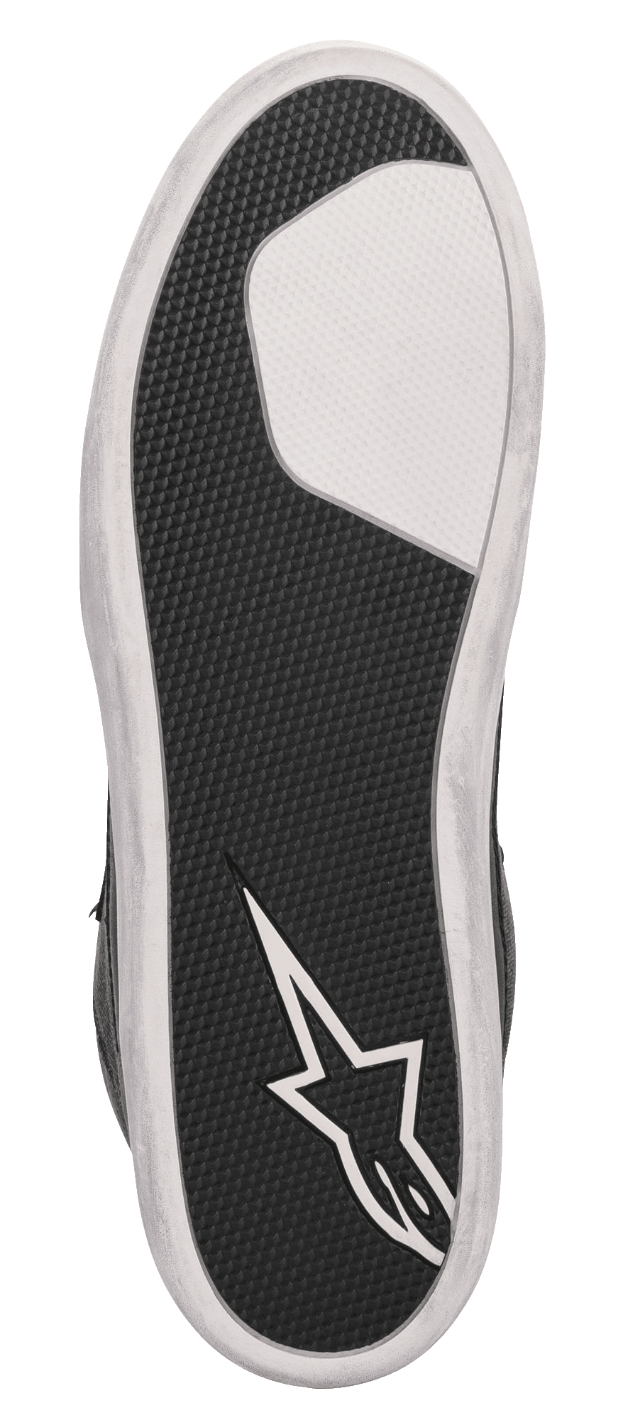 Alpinestars J-6 Waterproof Canvas, chaussure de moto, vue de la semelle, caoutchouc texturé noir avec section blanche à l'avant-pied et logo étoile Alpinestars blanc sur le talon, semelle cuvette en caoutchouc durable pour la conduite de moto