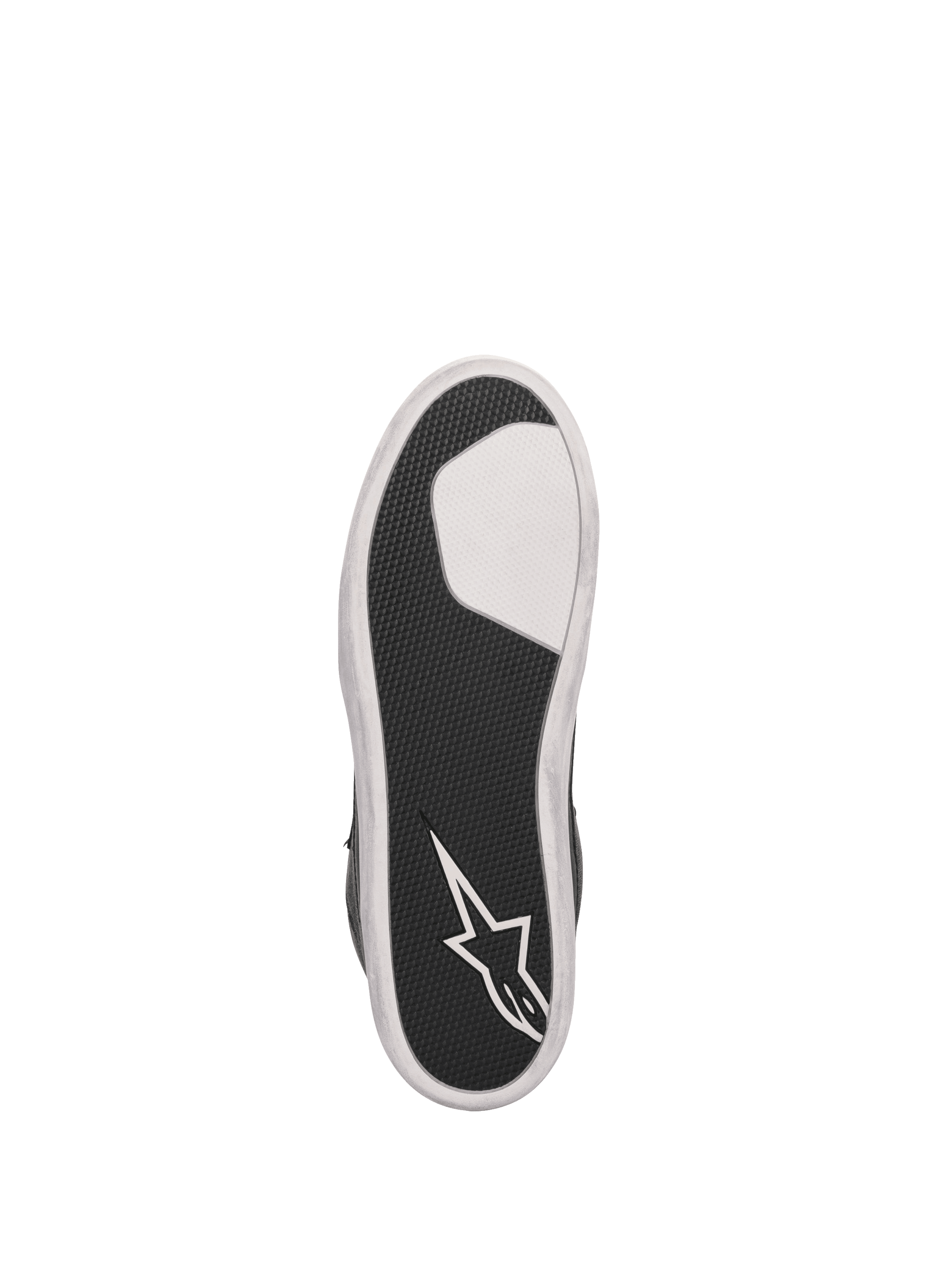 Semelle des chaussures de moto Alpinestars J-6 Imperméables, caoutchouc vulcanisé noir et blanc avec logo Astars.