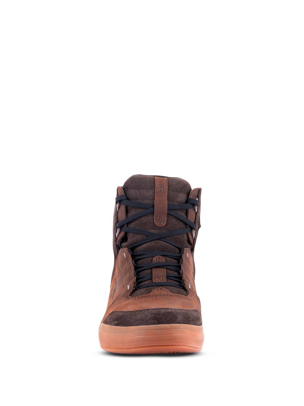Chaussures Alpinestars Chrome Crafted Drystar®, chaussures de moto urbaines, cuir marron avec détails en daim marron foncé, semelle en caoutchouc couleur gomme, vue de face, lacets noirs, équipement de moto décontracté et contemporain