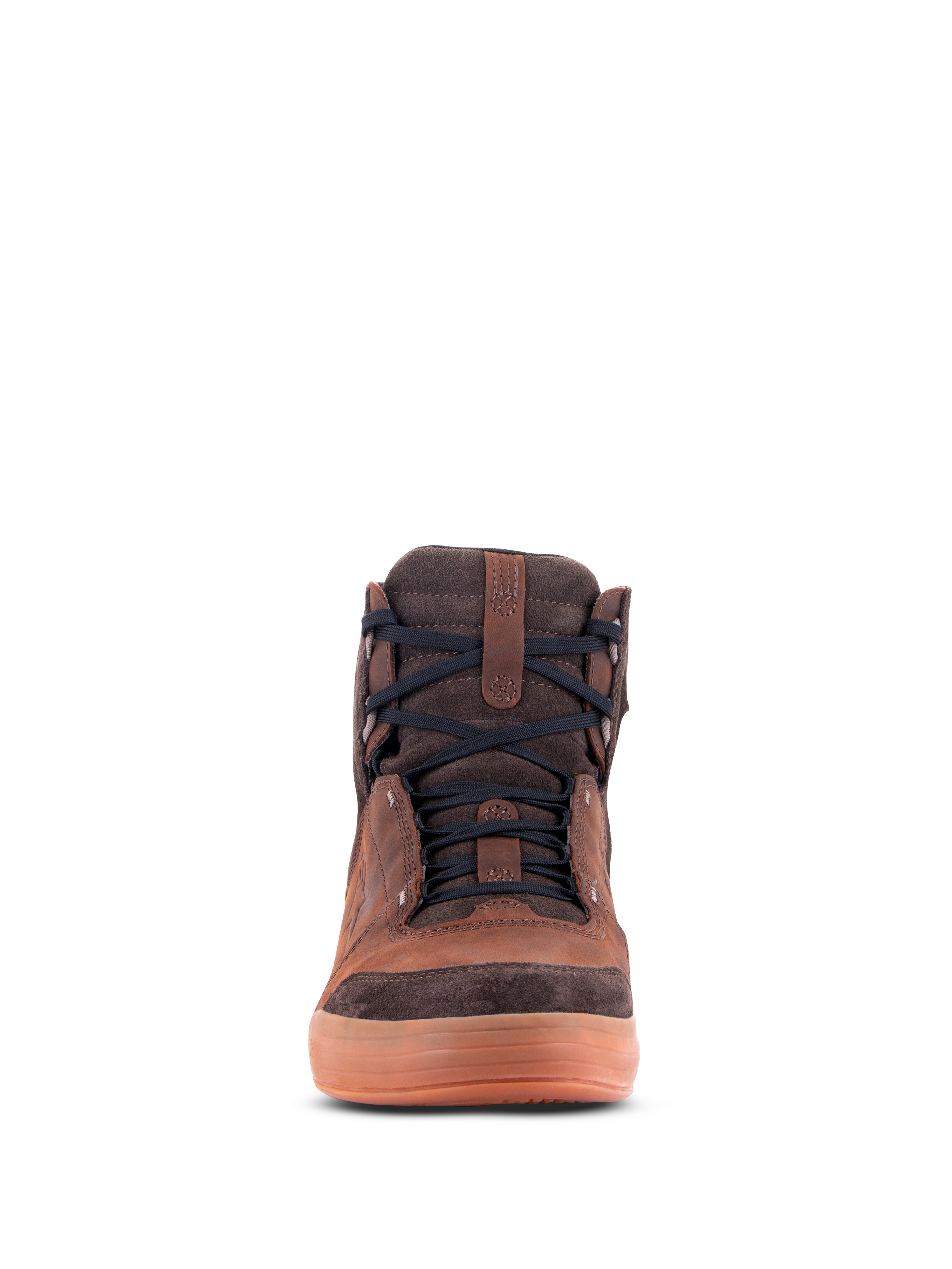 Chaussures Alpinestars Chrome Crafted Drystar®, chaussures de moto urbaines, cuir marron avec détails en daim marron foncé, semelle en caoutchouc couleur gomme, vue de face, lacets noirs, équipement de moto décontracté et contemporain
