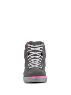 Alpinestars Women's J-6 Waterproof Shoes, Motorcycle Riding Shoes, Light Gray and Fuchsia, front view of sneaker-style high-top with white laces and pink accents, waterproof leather and suede construction