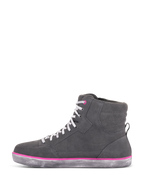 Alpinestars Women's J-6 Waterproof Shoes, Riding Shoes, Light Gray and Fuchsia, high-top sneaker design with gray suede upper, white laces, fuchsia accents, and a distressed gray rubber sole